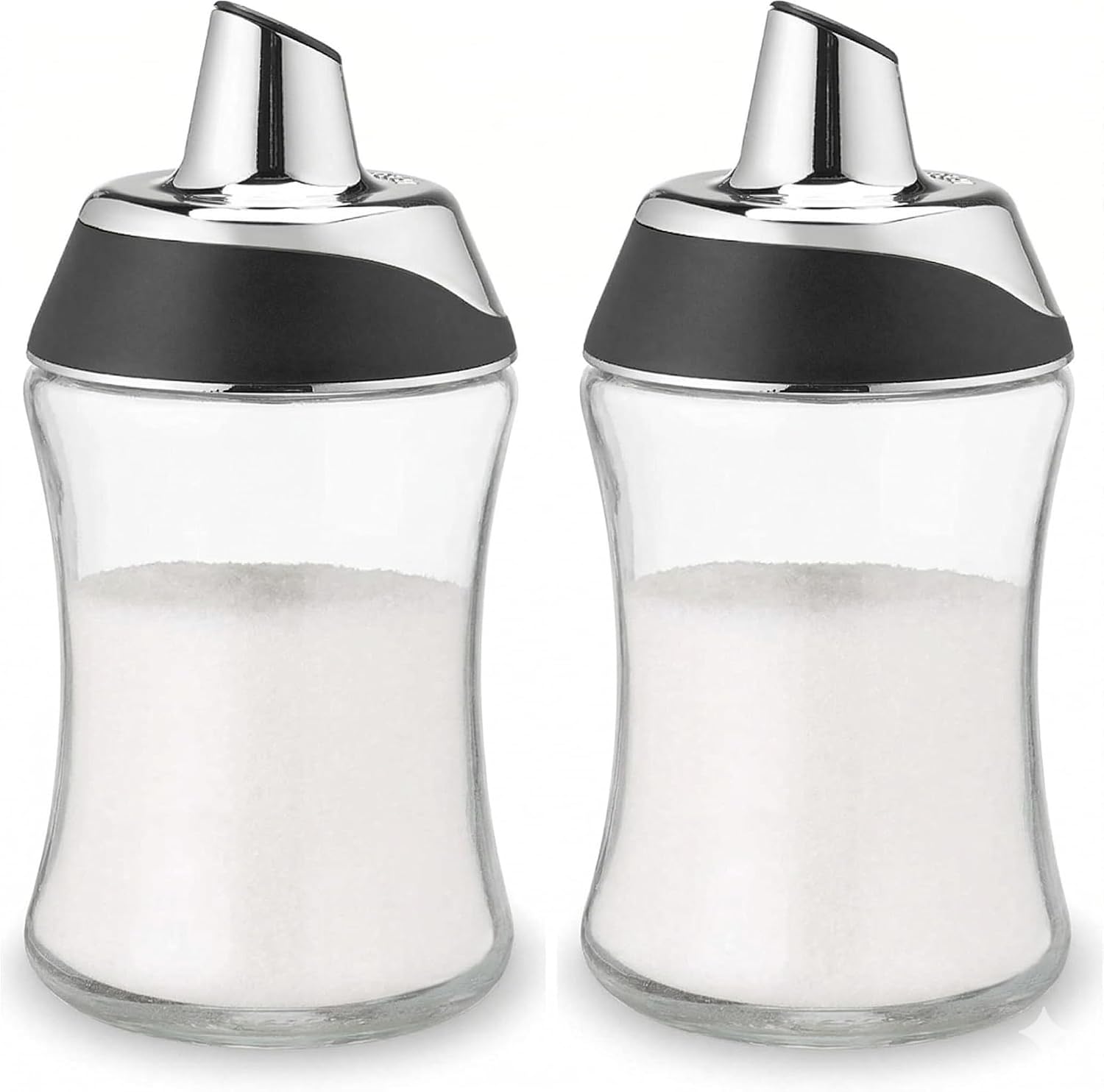 J&M Design 2-Pack Glass Sugar Dispenser & Shaker for Coffee, Cereal, Tea & Baking with Pour Spout and Lid for Easy Spoon Measuring Pouring - 7.5oz Jar Container - Coffee Bar Accessories & Essentials
