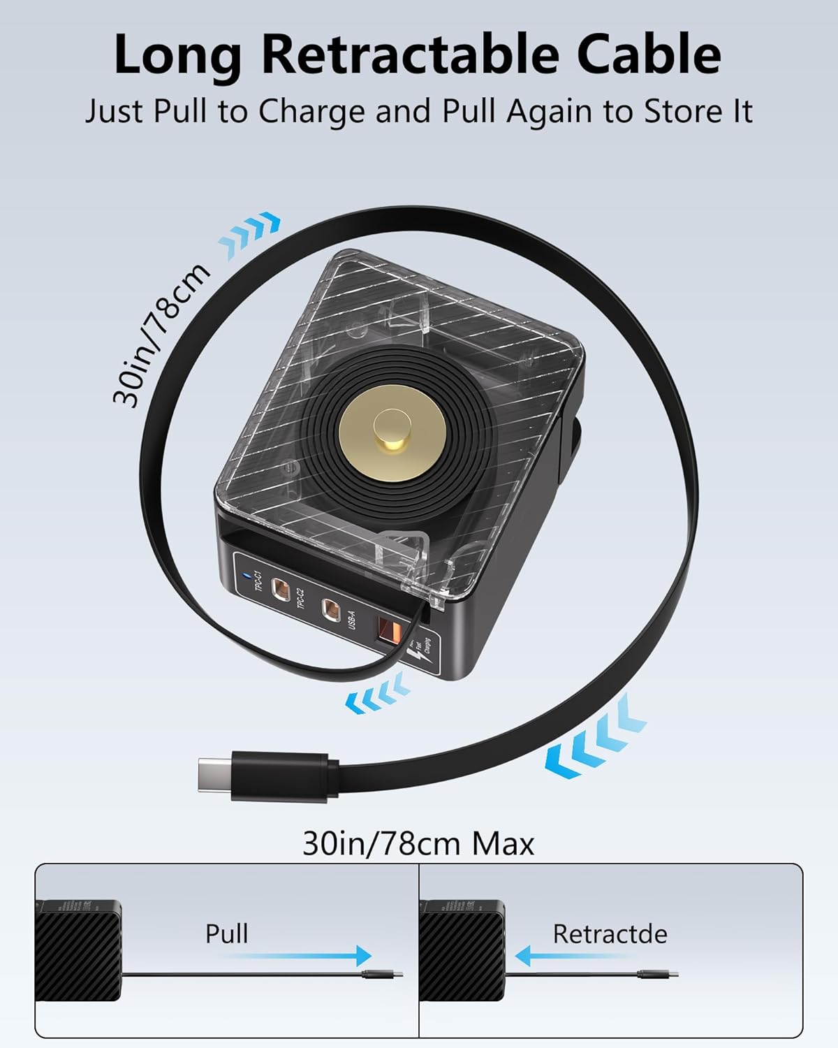 [2 Pack] 40W USB C Charger Block with Retractable Type C Cable, 4 Port GaN IV Travel Charger, PD 20W Fast Foldable Wall Charging Station for iPhone 16 15 Pro/ProMax/Plus, iPad Pro, Galaxy,Pixel