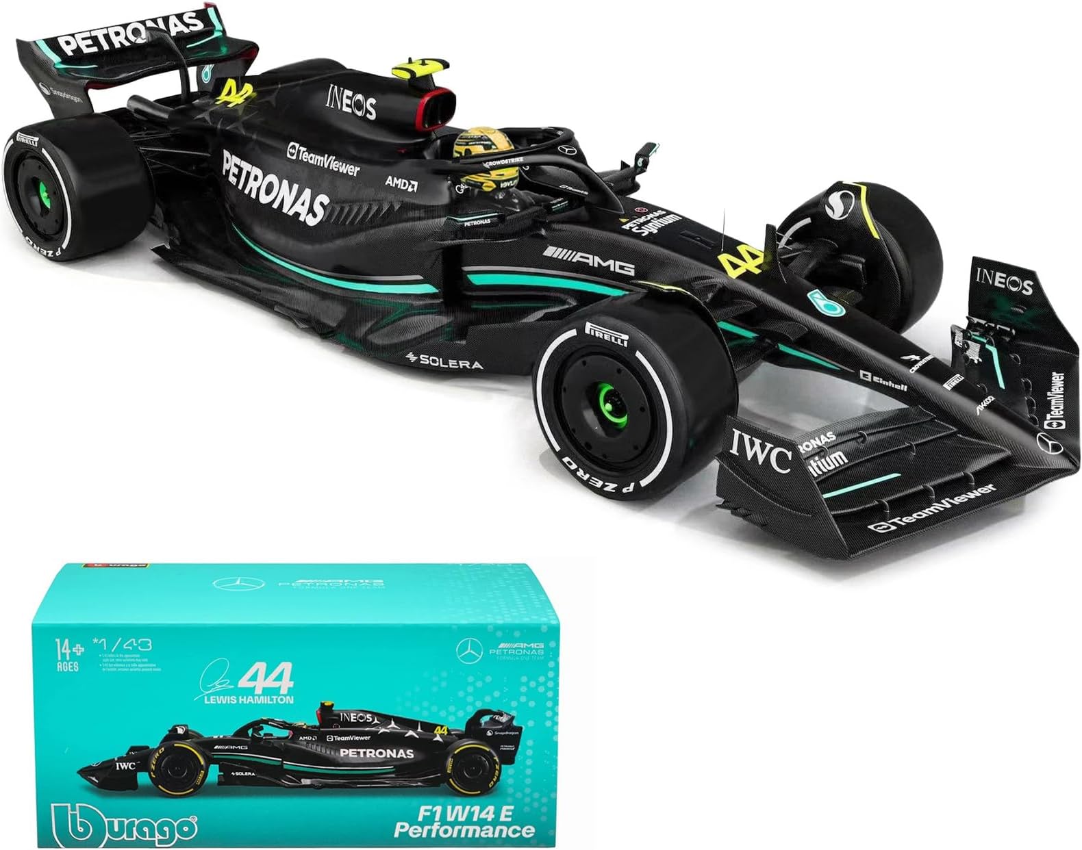 1:43 F1 Team W14 2023 44# Lewis Hamilton Alloy Car Die Cast Model with Driver (W14 44# W/Helmet)