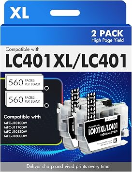 LC401XL LC401 MFC-J1010DW Black Ink Cartridges Compatible for Brother LC 401 XL MFC-J1010DW MFC-J1170DW MFC-J1012DW MFC-J1800DW MFC J1010DW Printer High Yield, 2 Pack