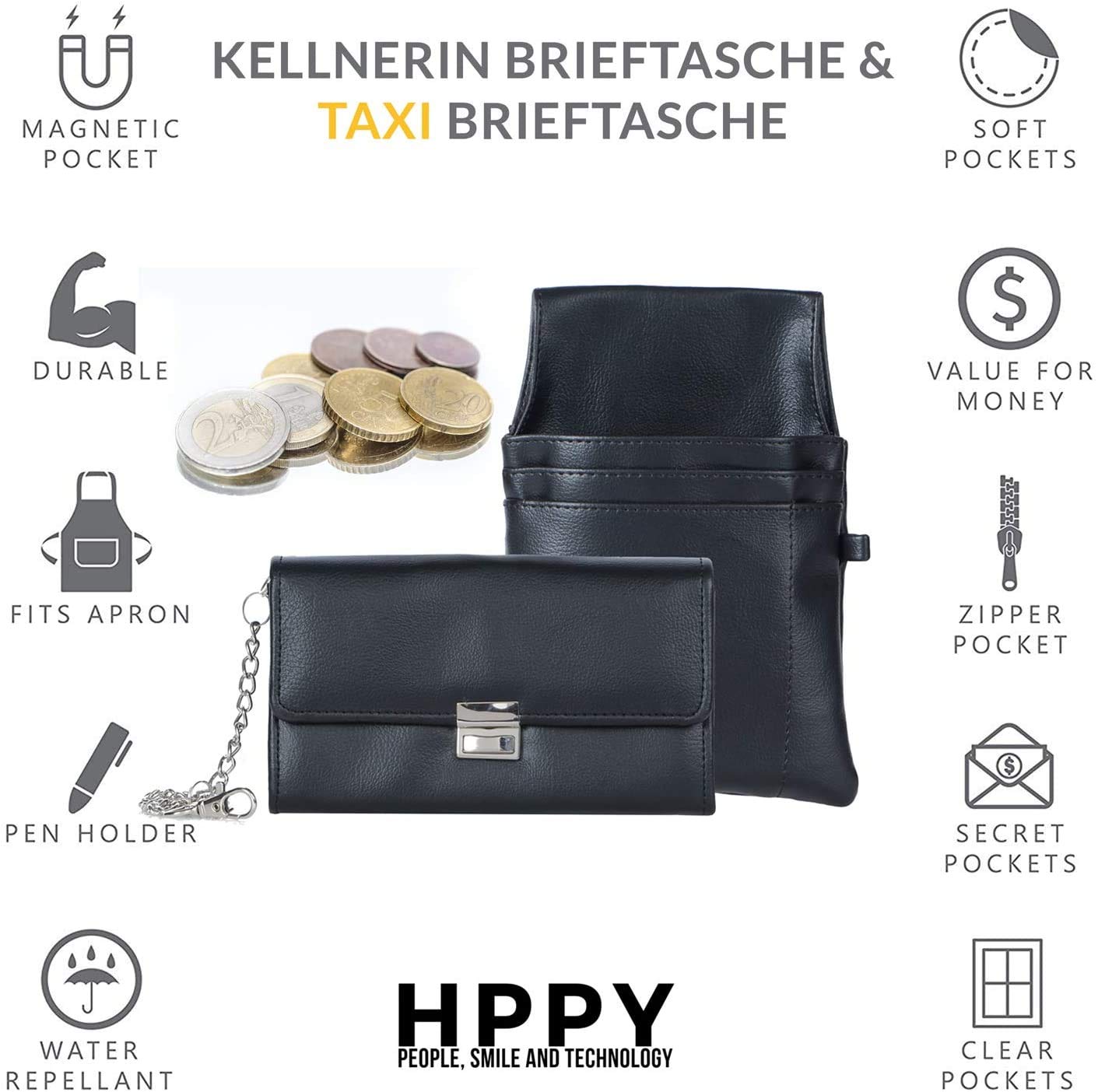 HPPY Aktion Sparset 3X Kellnerportemonnaie - Robusta cartera de camarero con funda, cadena y probador de dinero, bolsa de camarero para gastronomía y taxi, color negro