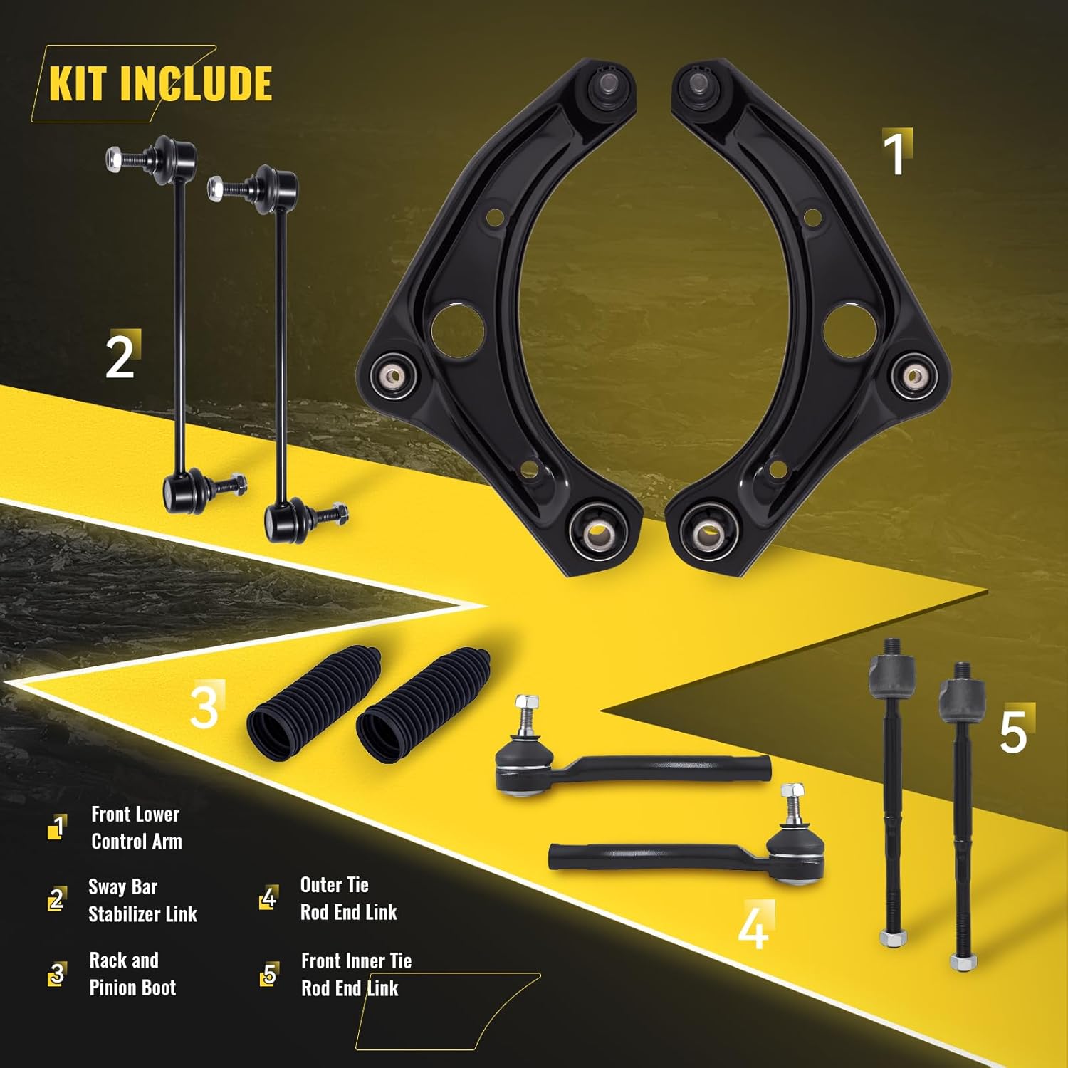 TUCAREST 10Pc Suspension Kit Fit For 12-19 Ni-ssan Versa, 2015-2019 Micra, 2 Front Lower Control Arm w/Ball joint + 4 Outer Inner Tie Rod + 2 Sway Bar + 2 Boots [# K621576 K750098 EV800862 ES801200]