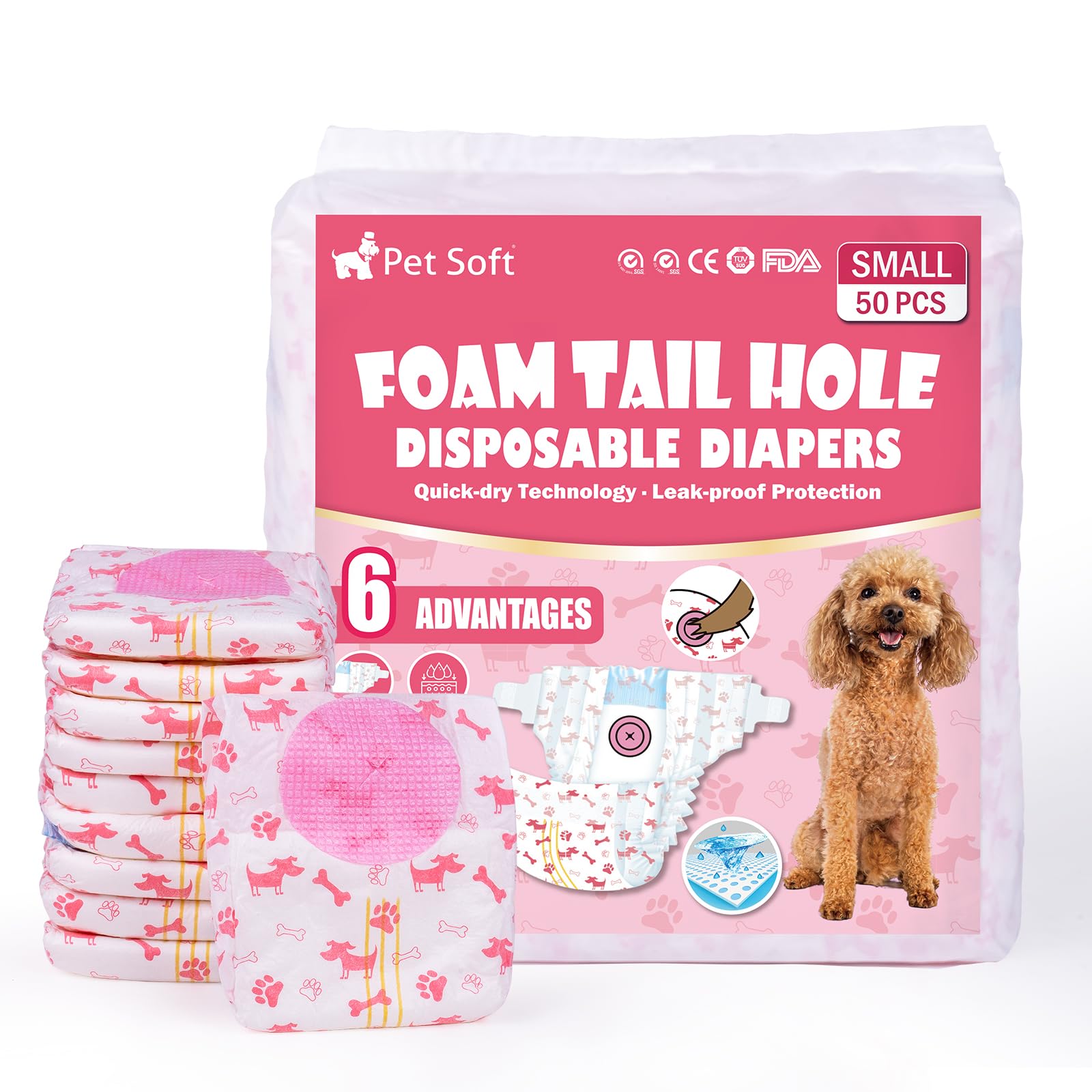 Pet Soft Disposable Dog Diapers - Female Dog Diapers with Adjustable Foam Tail Hole, Ultra Protection Puppy & Cat Diapers Wetness Indicator for Dogs in Heat or Incontinence, 50pcs (S,Red)