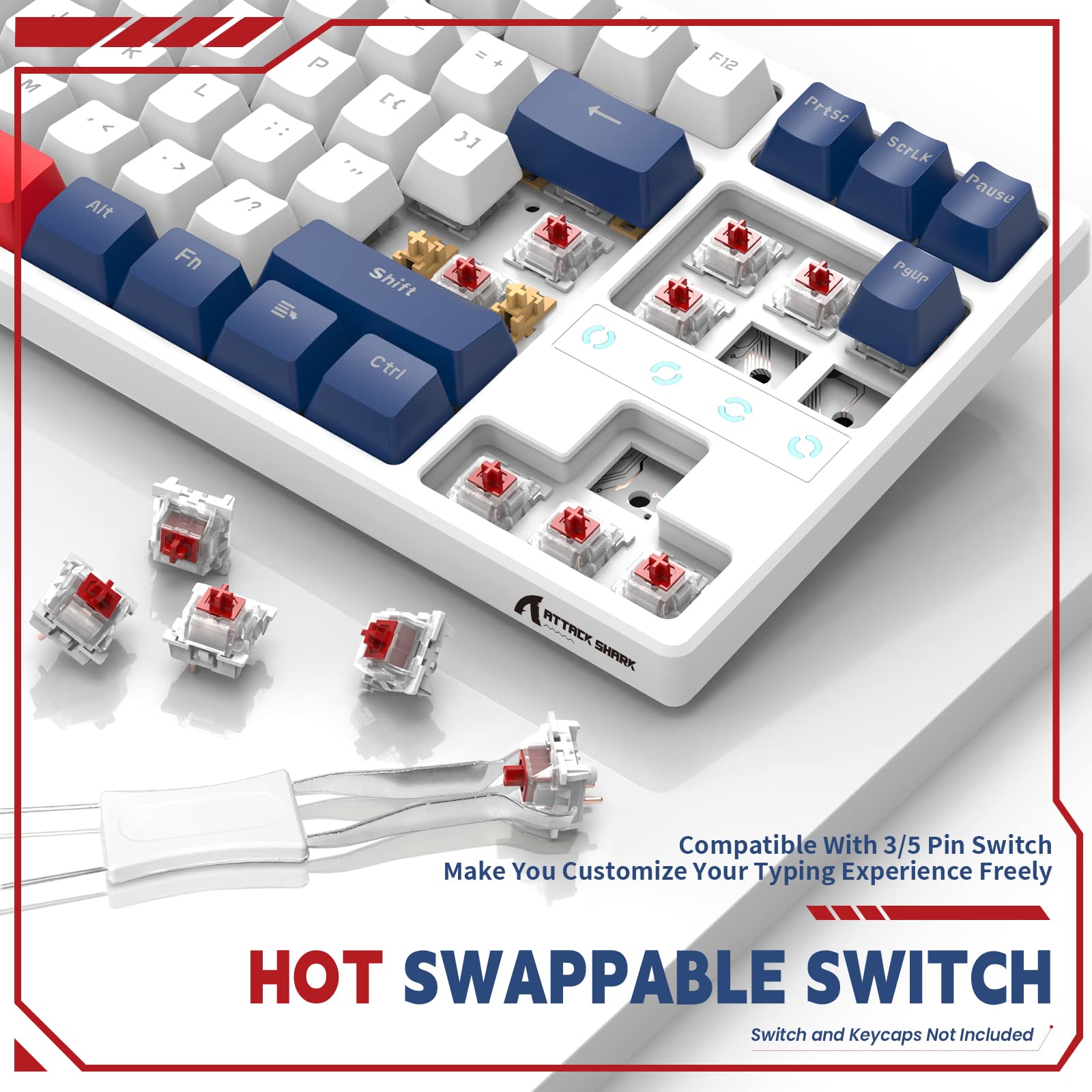 Attack Shark GK87 GMMK TKL Clavier Mécanique sans Fil RGB Barebone (Bluetooth/2.4Ghz/Type-C), Hot-Swappable Kit DIY Clavier Gamer ANSI avec Cable USB C Spiralé, pour Gateron/Cherry/Akko, Blanc