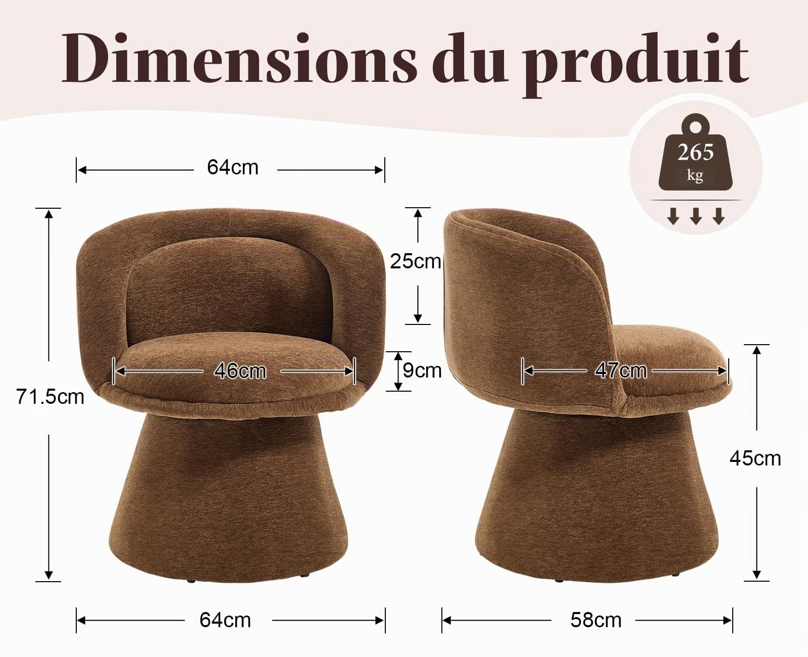 Fauteuil de Salon Confortable, Pivotant&Rembourré, Chenille Marron