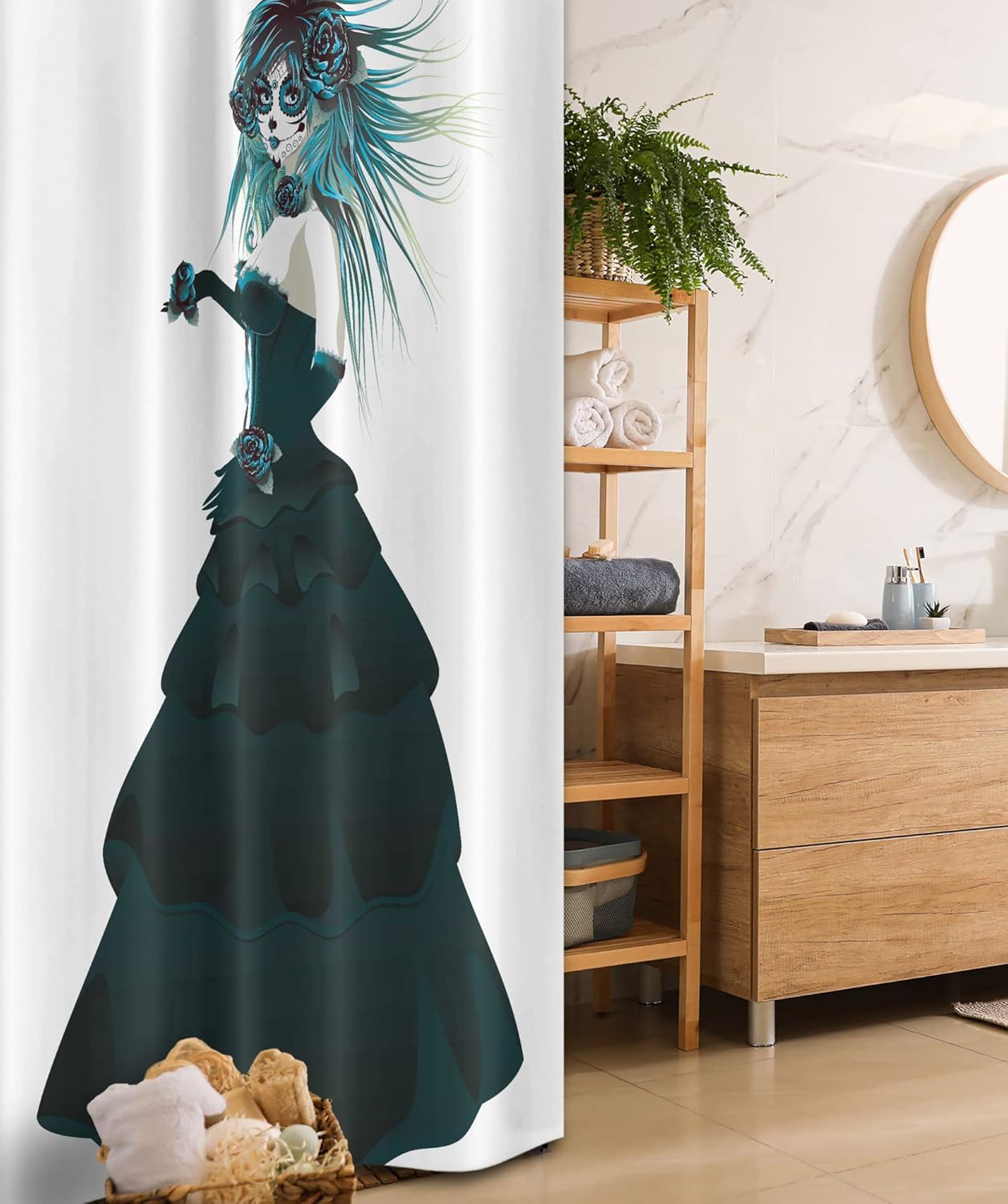 Ambesonne Ethnic Shower Curtain, Sugar Skull Girl with Prom Dress Roses in Hand Gothic Halloween Lady Zombie Vampire, Cloth Fabric Bathroom Decor Set with Hooks, 69" W x 84" L, White Teal