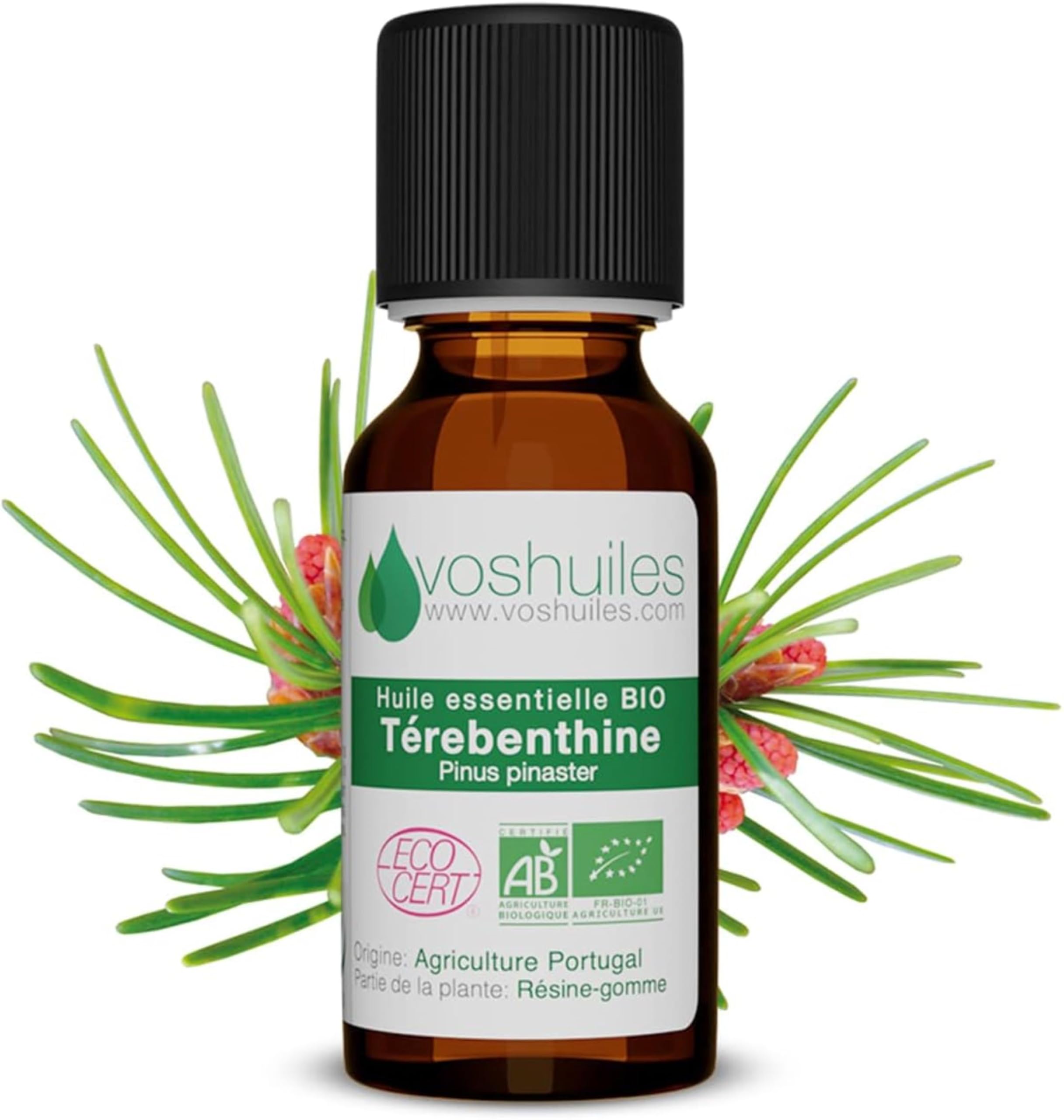 VOSHUILES - Huile Essentielle de Térébenthine - Distillation Intégrale à la Vapeur - Flacon Verre Ambré avec Bouchon Sécurité et Compte-Gouttes - 250ml