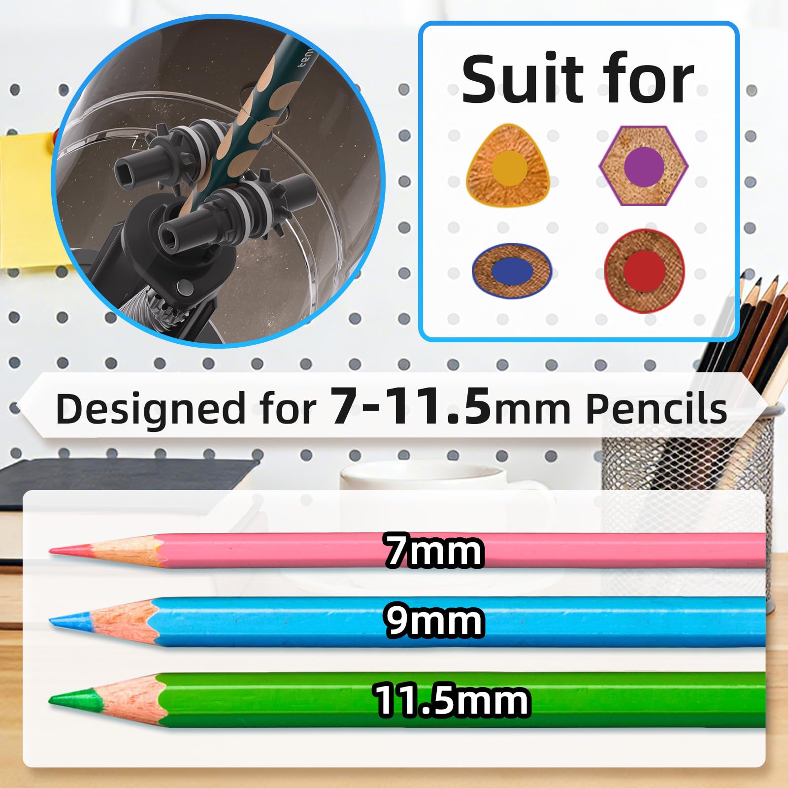 Tenwin Taille-crayon électrique rechargeable, entièrement automatique pour crayons jumbo de 7 à 11,5 mm, taille-crayon mains libres pour crayons de couleur, entrée et sortie automatique, pointes de