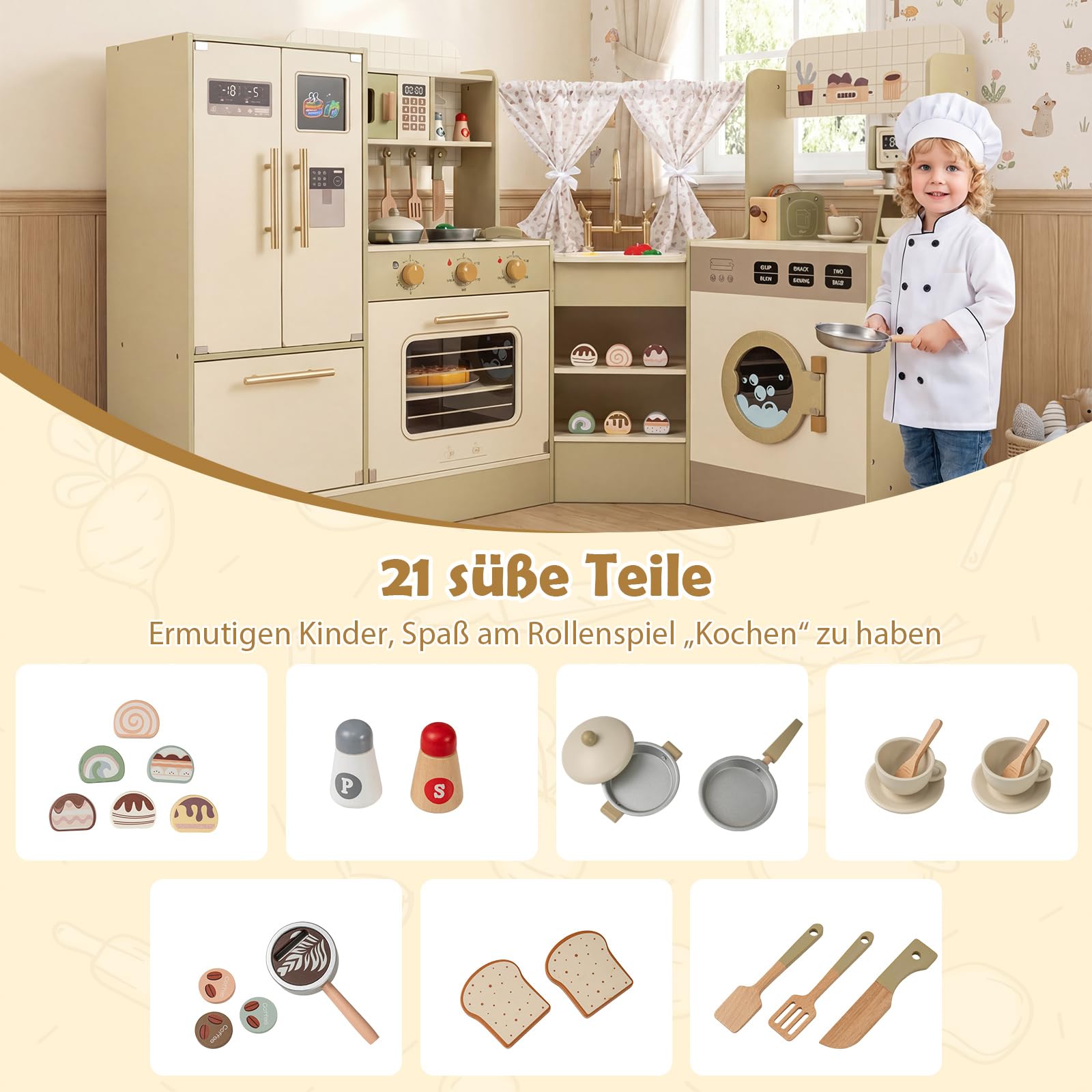 COSTWAY Kinderküche, Eck Spielküche mit Herd, Kühlschrank, Geschirrspüler, Kaffeemaschine, Mikrowelle & Toaster, Spielzeugküche mit 21 Zubehörteilen, Holzküche für Kinder ab 3 Jahren