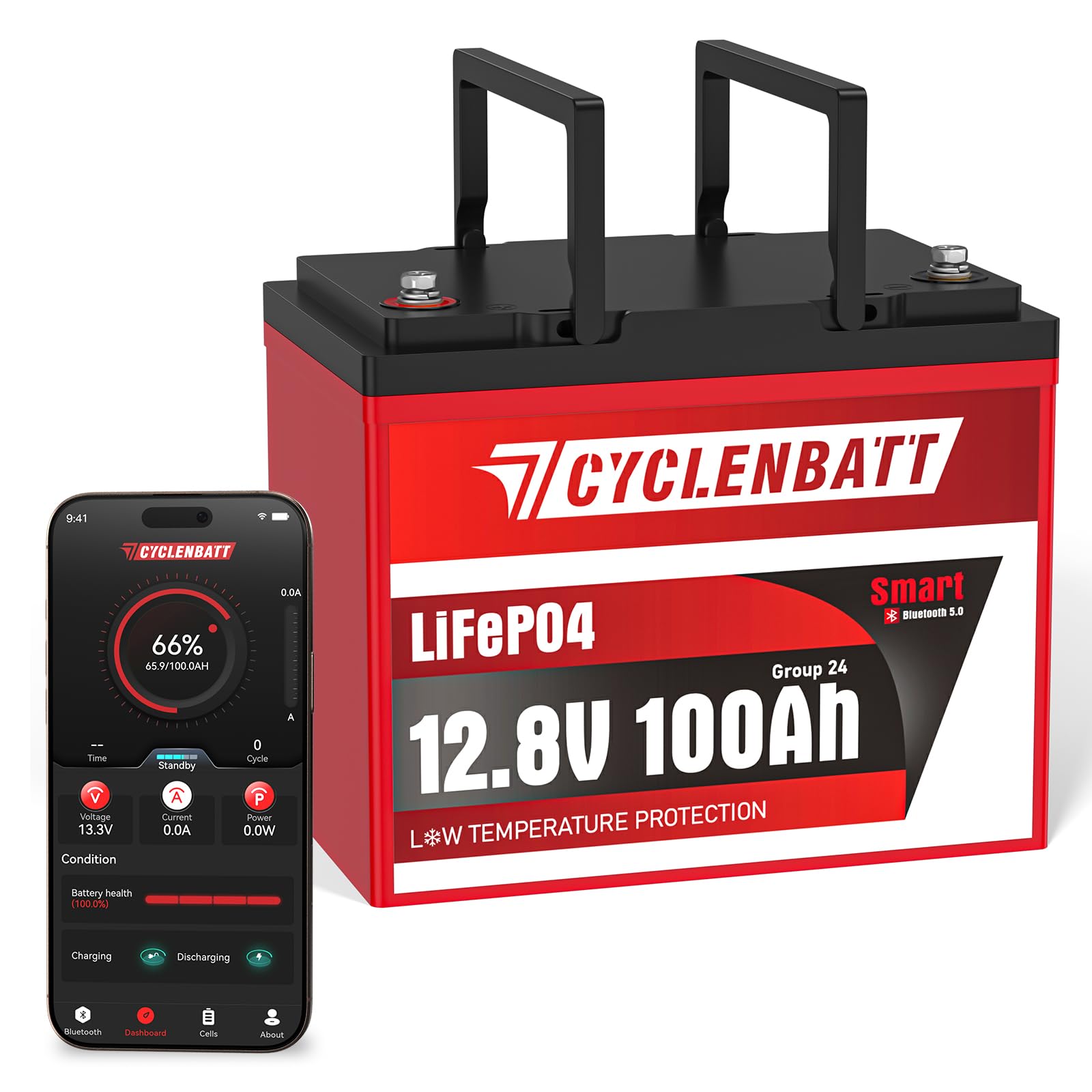 CYCLENBATT 12V 100Ah LiFePO4 Battery with Bluetooth, 12V Lithium Battery Built in 100A BMS Support Real-Time Monitoring, 12V 100Ah LiFePO4 for Trolling Motor, RV, Solar, Off-Grid