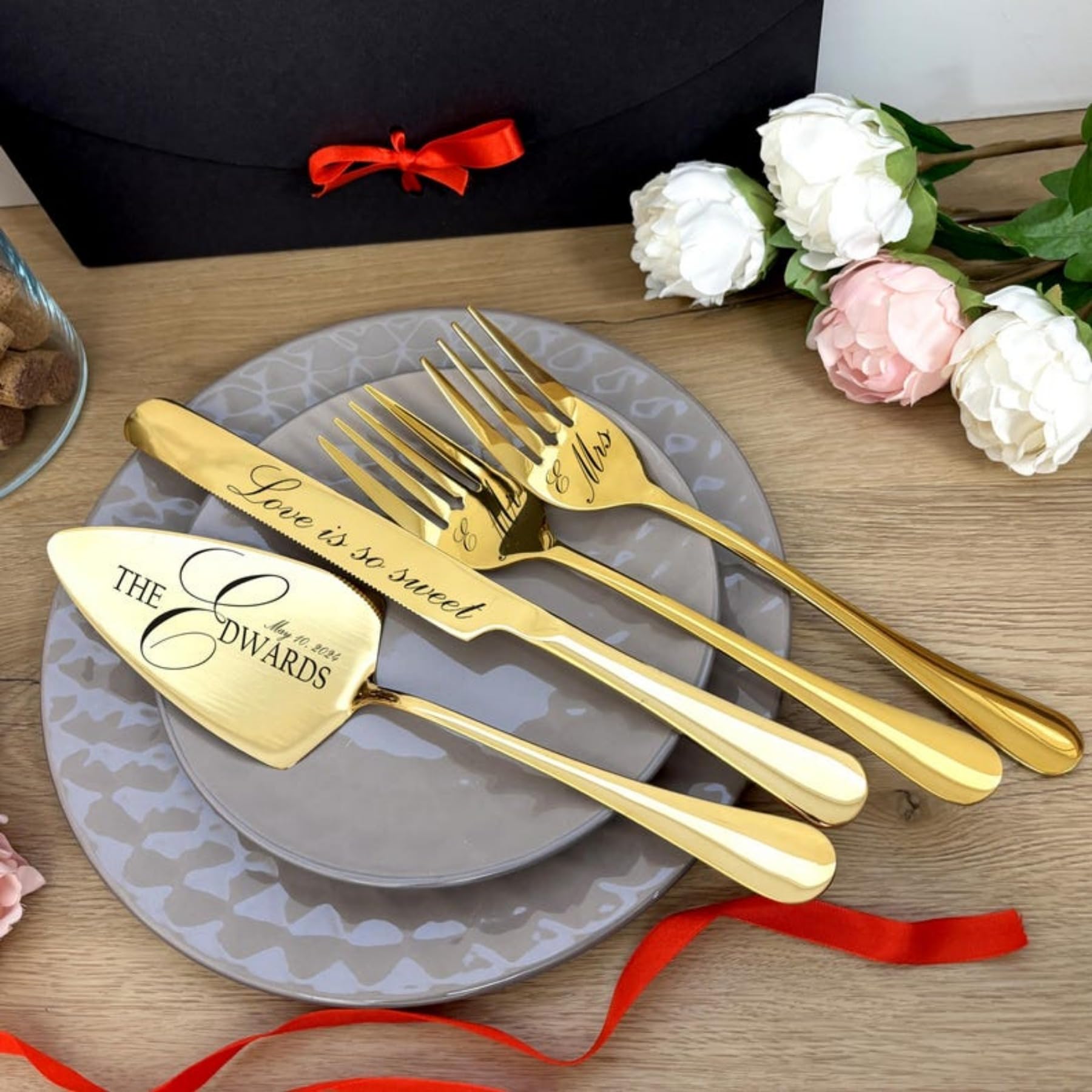 XIESHANG Personalized Wedding Cake Cutting Set in Gift Box Custom Engraved Silver Pie Server Cutting Kit Anniversary Housewarming Keepsake