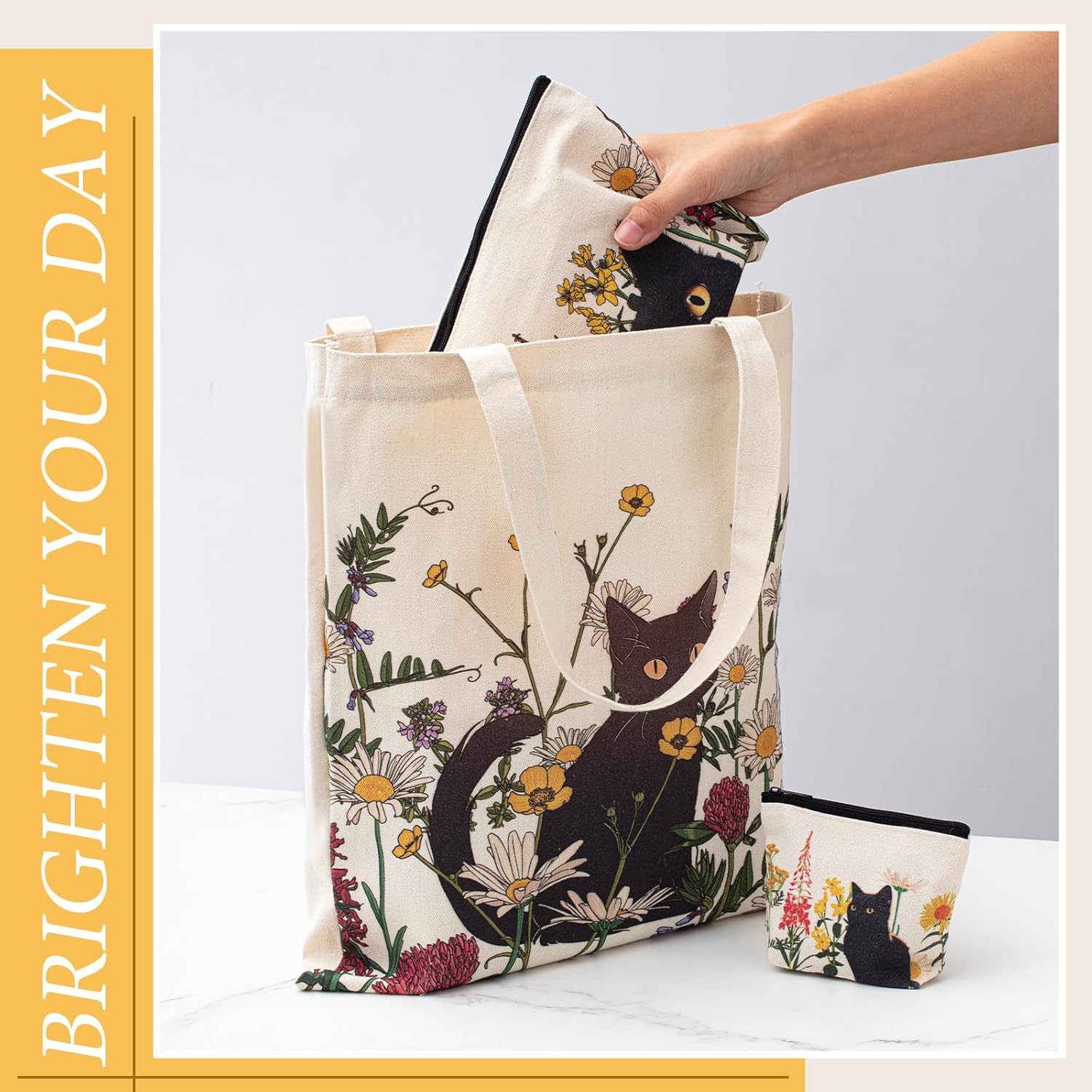 3 Pcs Black Cat Canvas Tote Bag Makeup Coin Purse Set with Zipper Gift Reusable Grocery Shopping Flowers Cute Cosmetic Bag Halloween Aesthetic Portable Pouch Birthday for Mom Women Teacher - Image 2