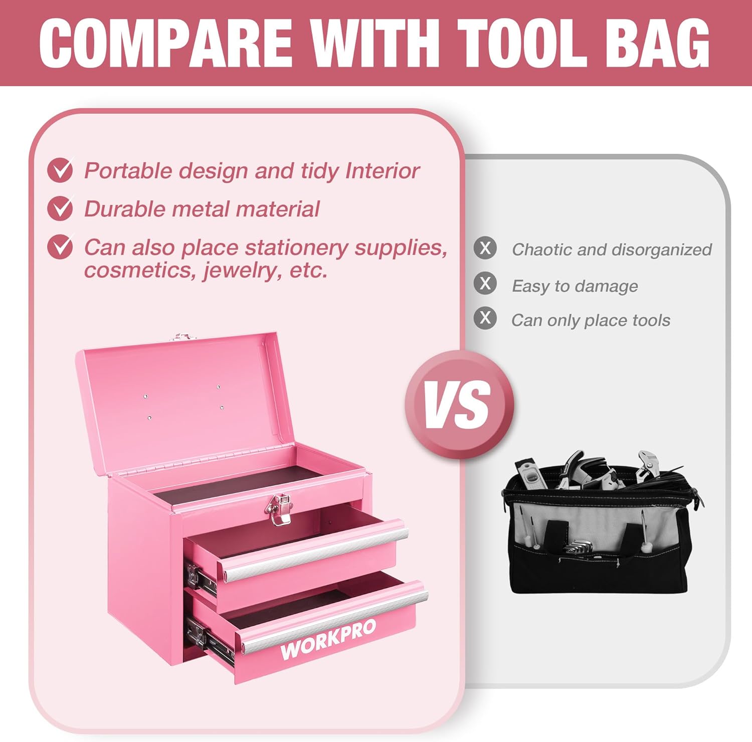 WORKPRO Portable & 12.5" Mini Metal Tool Box, Top Tool Chest Containing Two Drawers