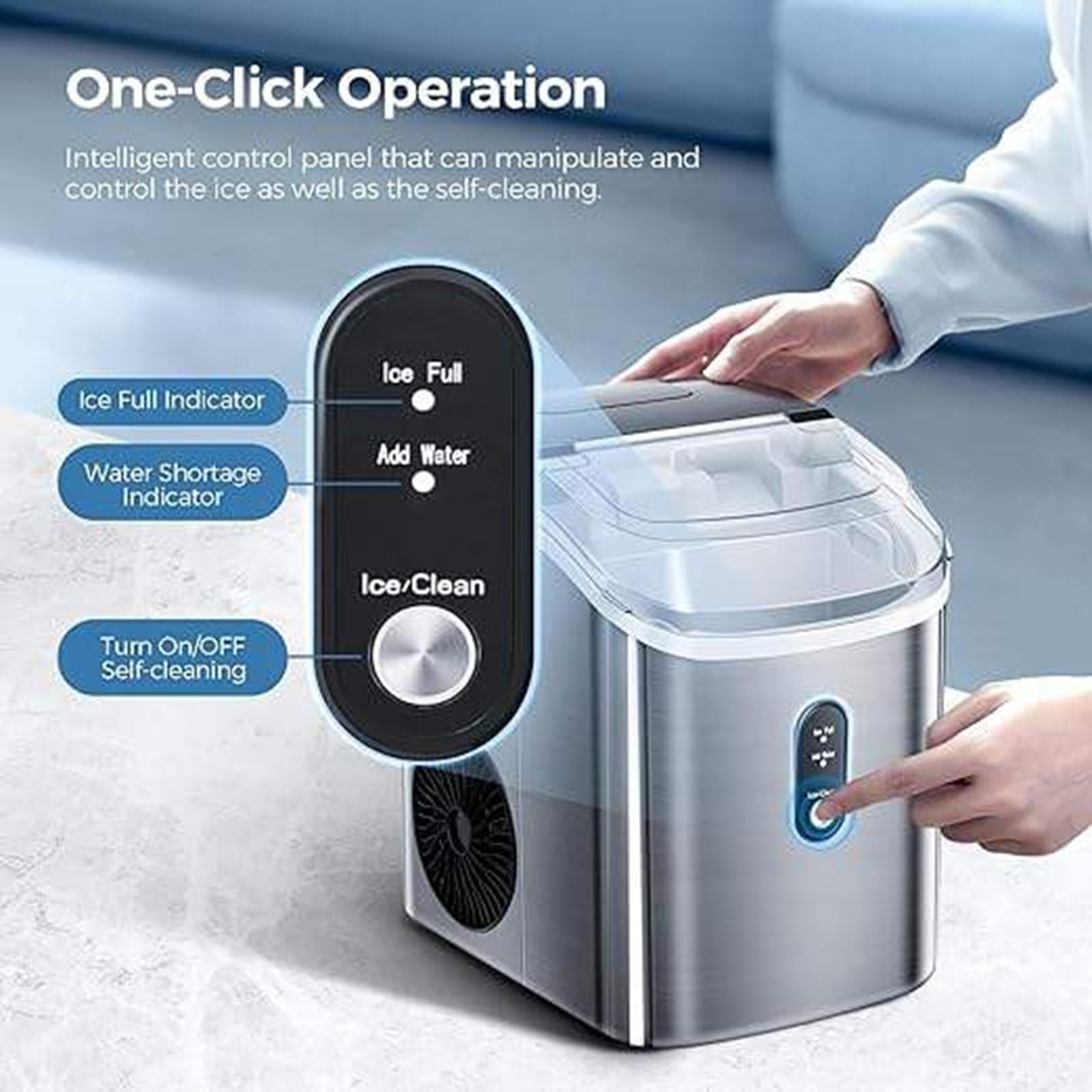 Máquina de hielo portátil, autolimpiante, 15 kg/24 h, cesta y pala para hielo incluidas, hace 9 cubitos de hielo en 6 minutos, compacta para el hogar, la cocina, la oficina y la autocaravana.