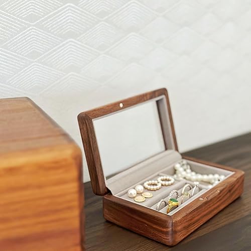 Miniatura 5 de Caja de almacenamiento de joyería de nogal con tapa de vidrio, organizador de joyas de madera multifuncional, interior de terciopelo suave, caja de