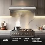 Vesta Charlotte 500cfm Sous le capot de portée de Cabinet avec 3 Niveaux de vitesse, Contrôle des boutons mécaniques, Filtres Baffle à lave-vaisselle, Connecteurs d'évent flexibles, Long LED Bande