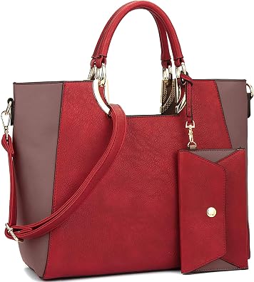 Womens Two-Tone Vegan Leather Tote Purse Large Top Handle Satchel Work Bag with Matching Wristlet