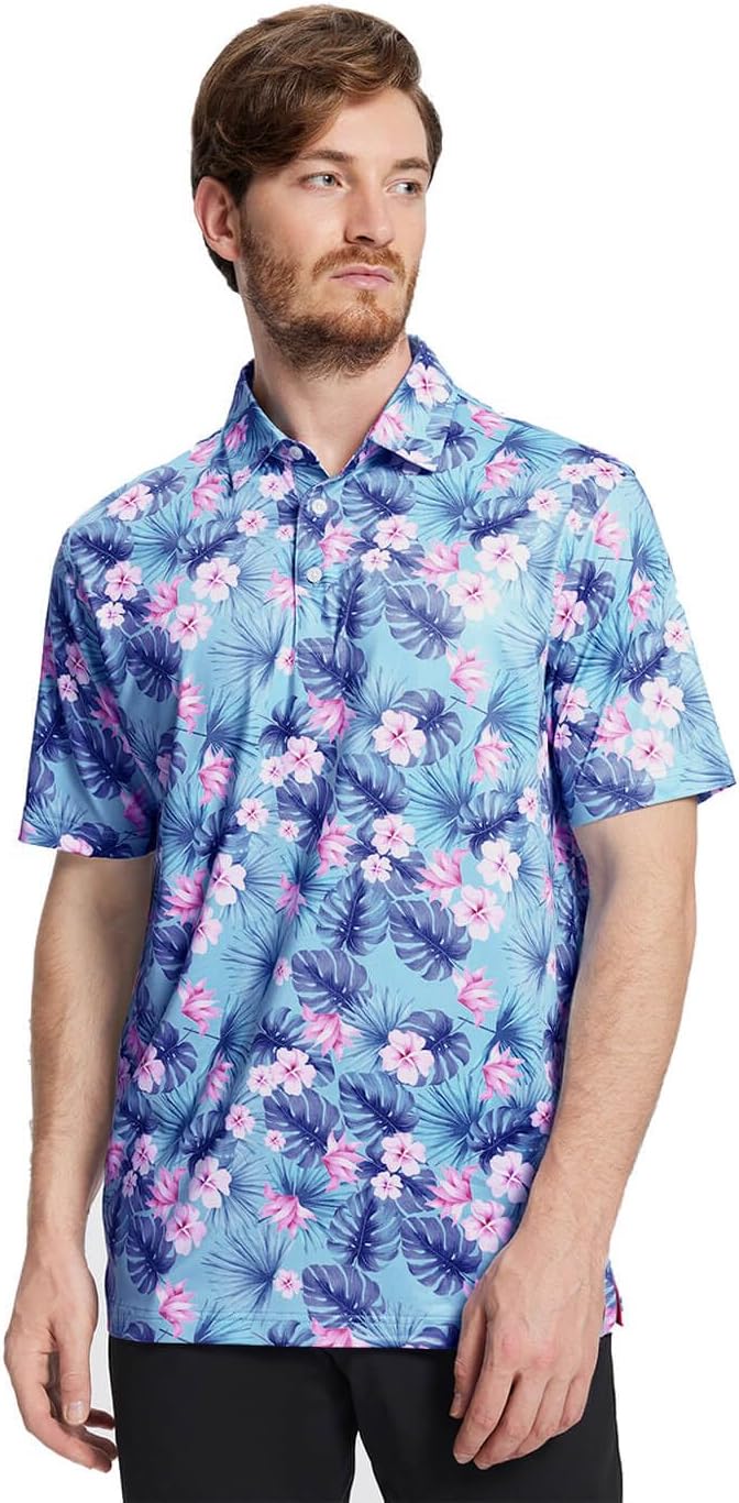 Men' s Golf Shirts Short Sleeve Print Performance Moisture Wicking Dry Fit Golf Polo Shirts for Men