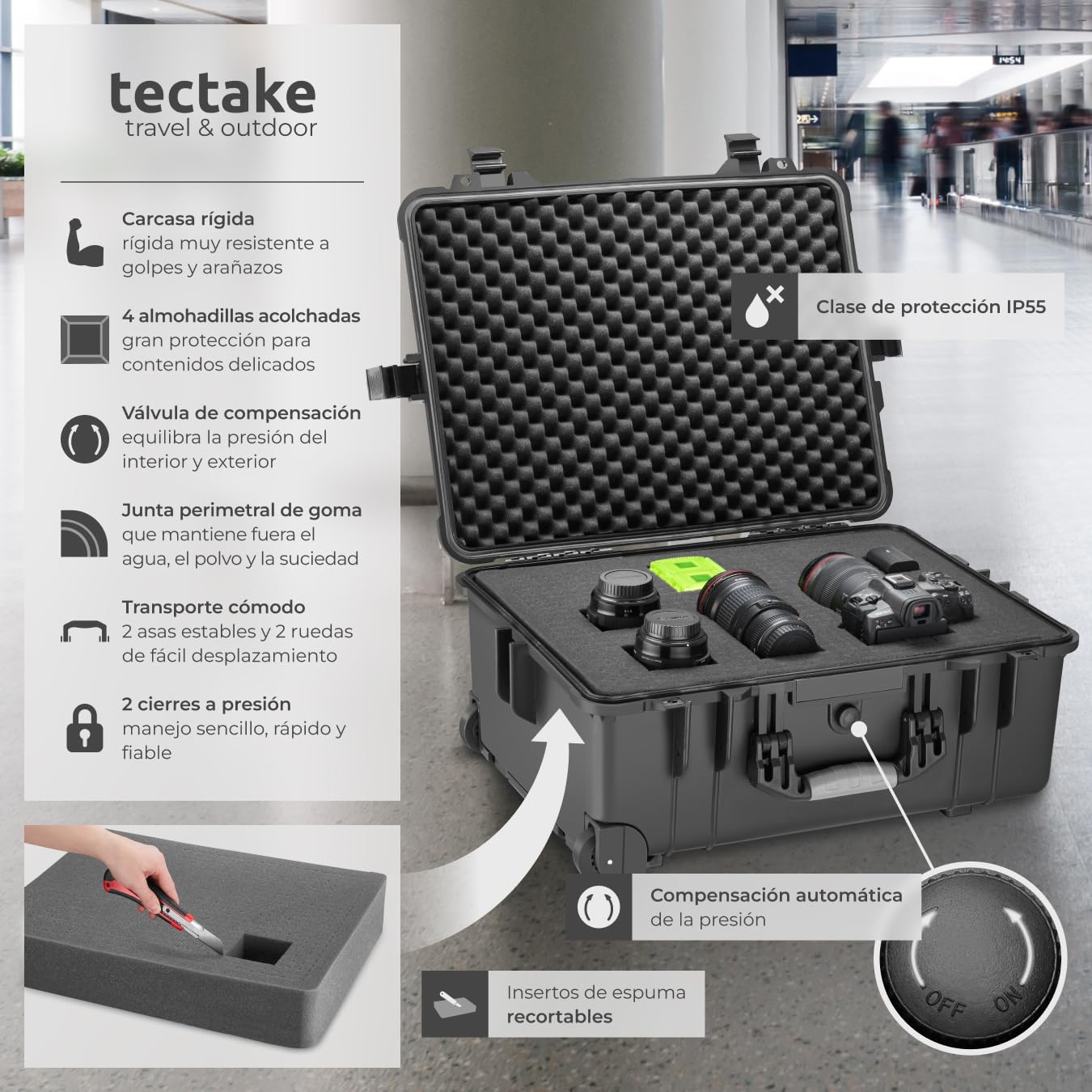tectake® Maletín Cámara Vacío con Espuma, Carcasa Rígida, Carro Herramientas a Prueba de Golpes, Caja Herramientas con Ruedas y Asas Telescópicas, Resistente a la Intemperie, 56 x 46 x 27 cm