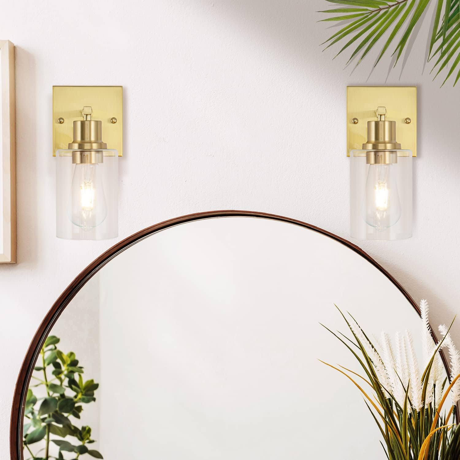 1-Lights Gold Bathroom Light Fixture, Brushed Brass Vanity Light with Clear Glass Shade, Modern Bath Wall Lights for Living Room, Hallway, Bedroom