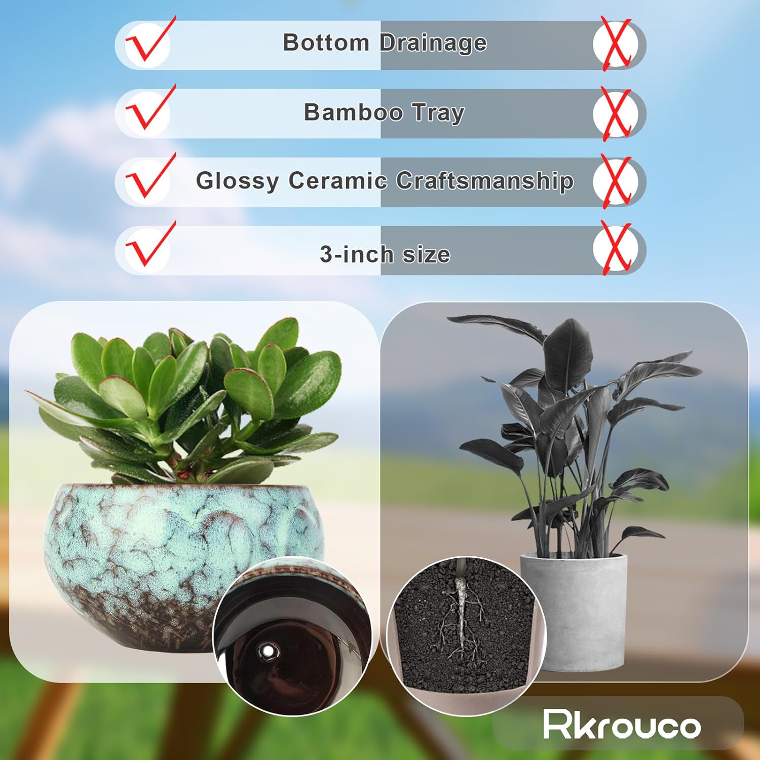 Ceramic Plants Pots 3 Inch Set of 4 Flower Pots with Drainage and Bamboo Tray for Indoor/Outdoor Small House Plants,Foliage Plant