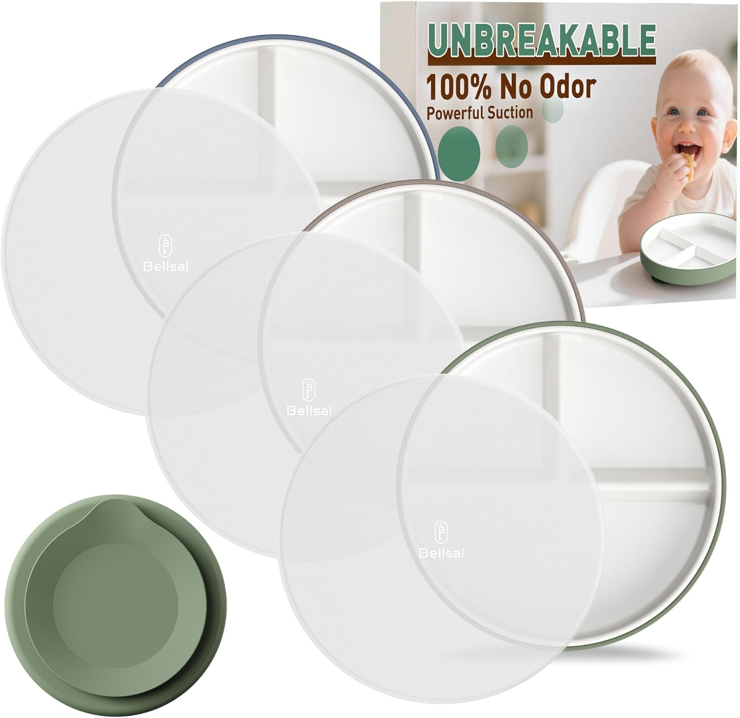 3 Pack Toddler Plates Silicone Divided Suction Plate for Babies Food-Grade Silicone Unbreakable Baby Plate White