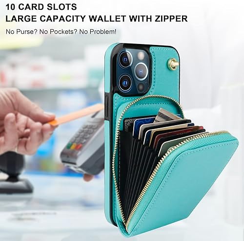 Miniatura 4 de KIHUWEY Funda tipo cartera cruzada para iPhone 13 Pro Max, funda con bolsillo con cremallera y soporte para tarjetas, funda protectora de piel