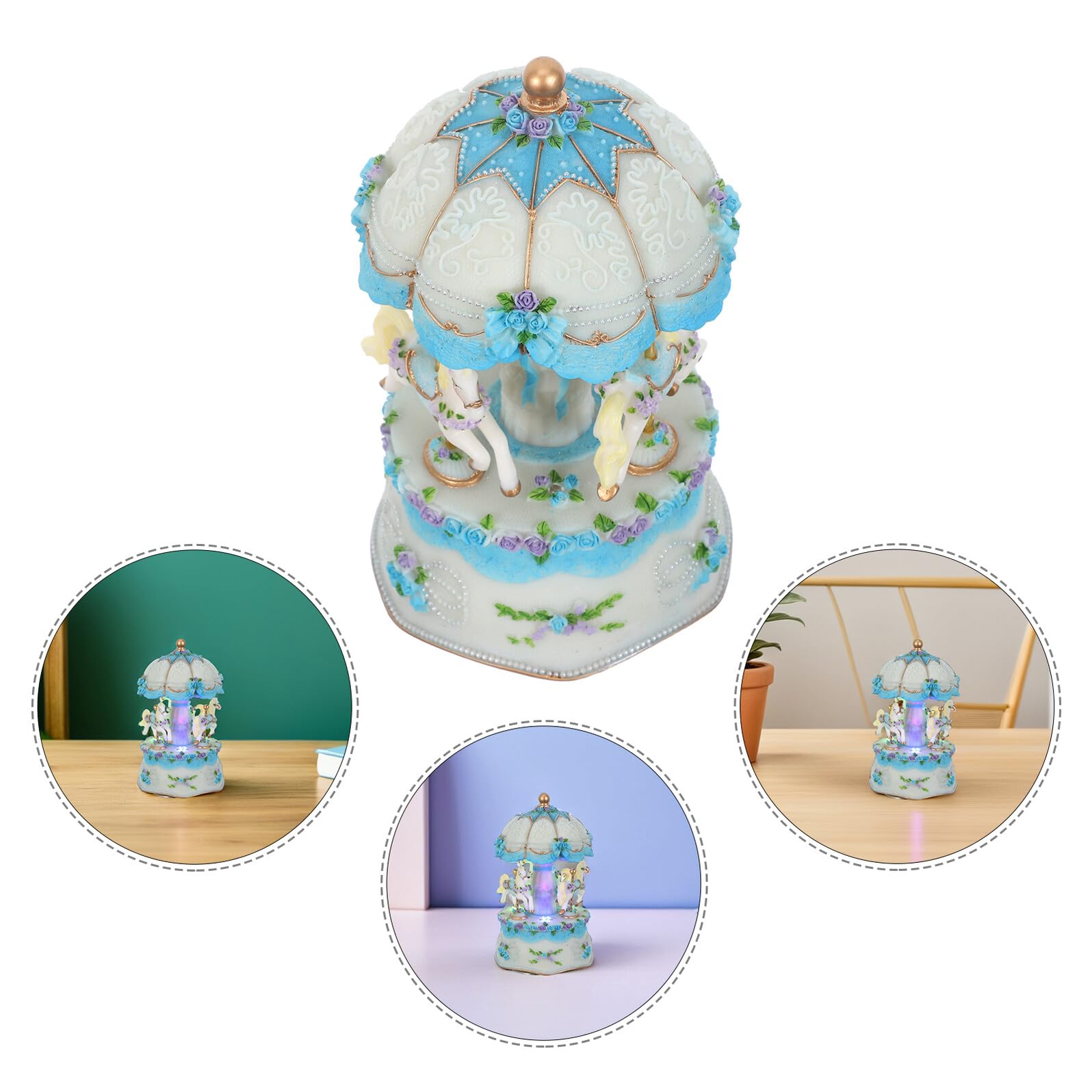 GLEAVI Boîte à Musique Carrousel Rotatif avec Chevaux Figurines et LED Lumière Colorée Cadeau pour Garçon Fille Anniversaire Fête de Noël sans Piles