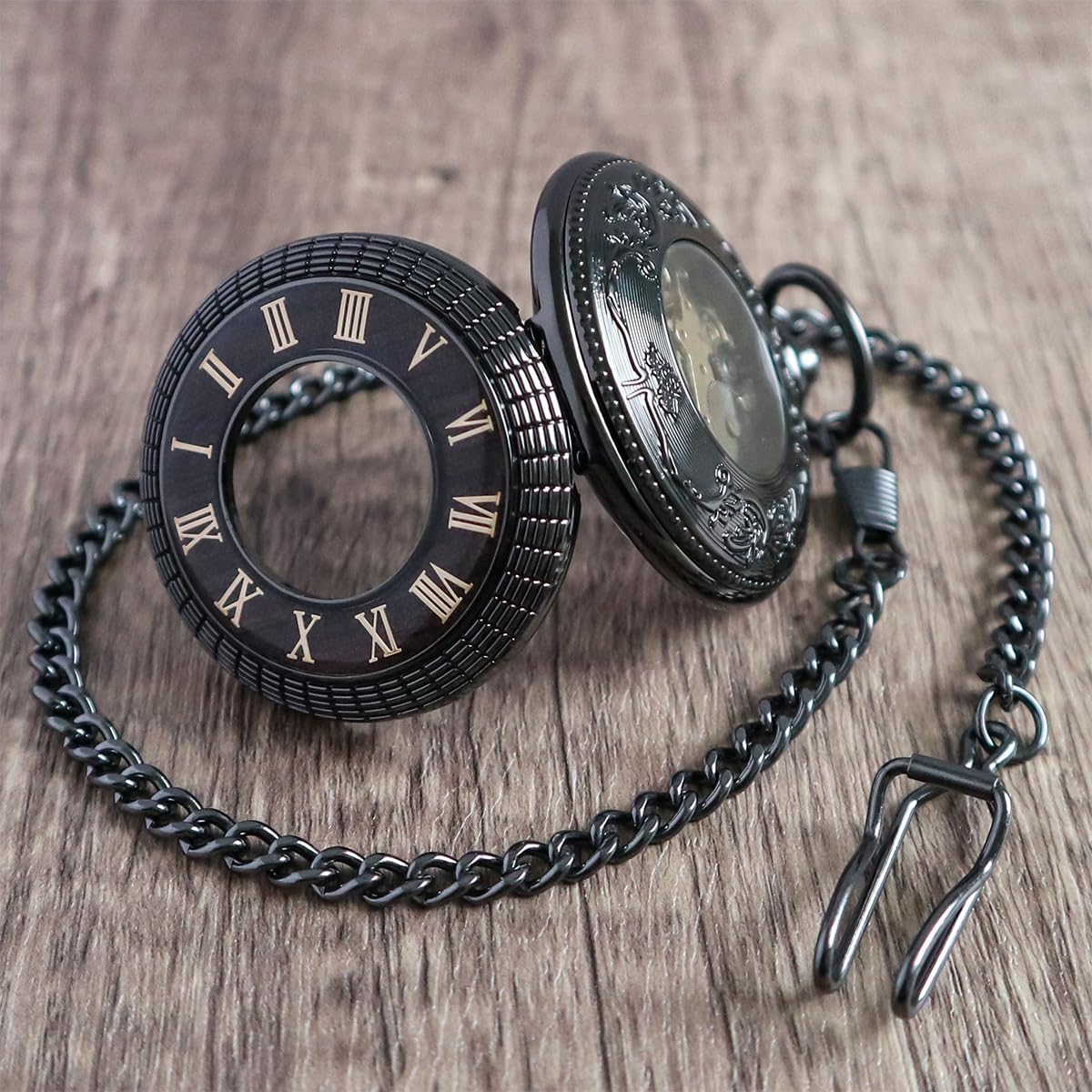 VIGOROSO Reloj de bolsillo mecánico para hombre, estilo vintage, steampunk, diseño hueco de grano de madera, con cadena y caja