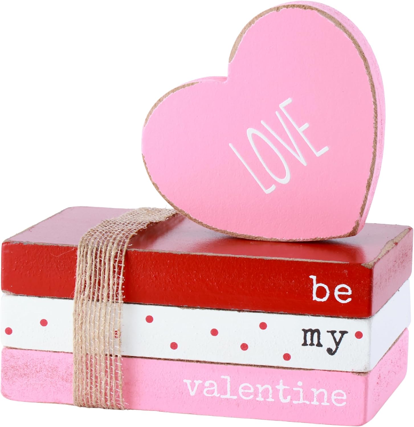 Valentines Decor, Rustic Wooden Book Stack with Heart and Love Signs for Home, Tiered Tray, Shelf, and Fireplace Mantel (Vbook-1)