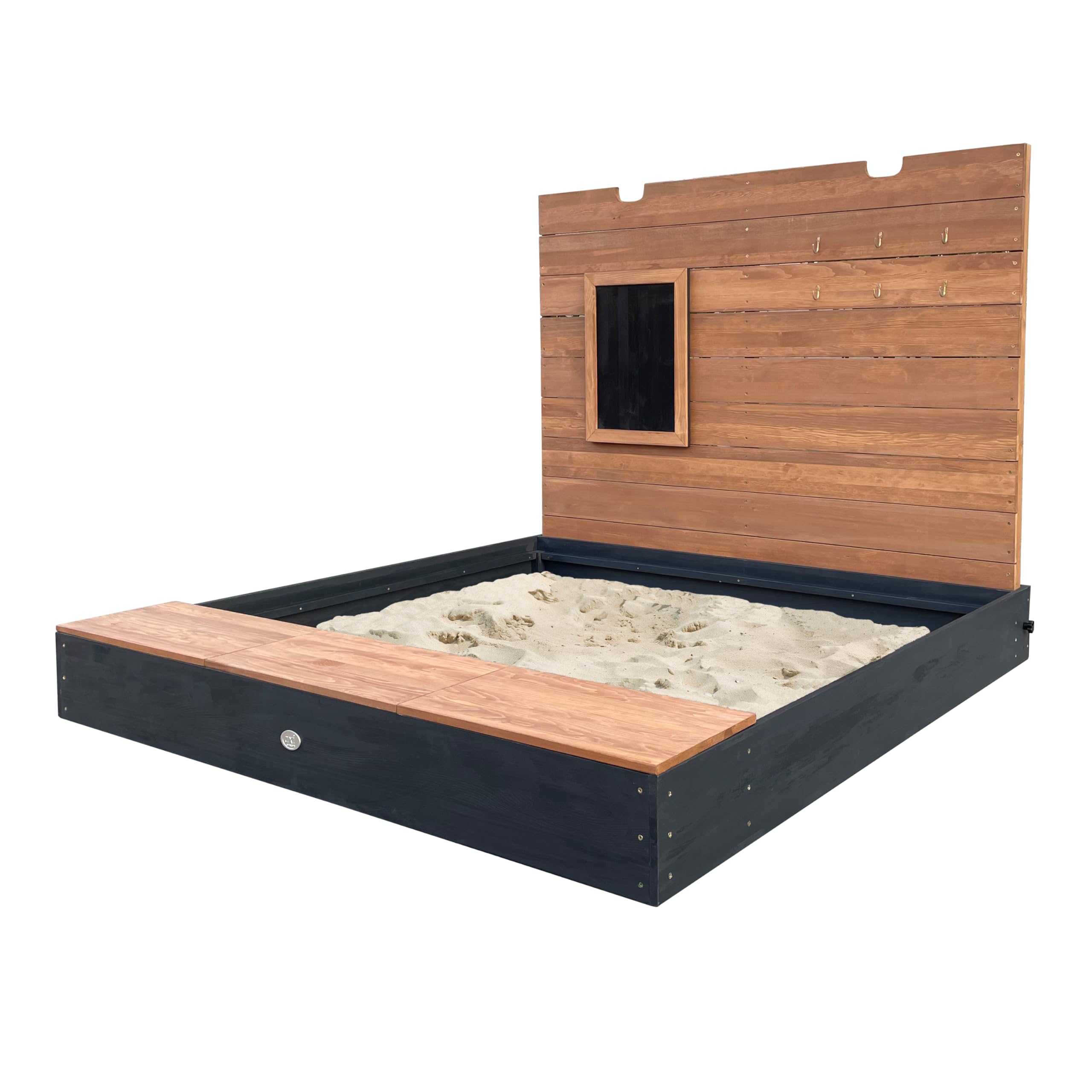 Axi Mandy XXL Bac À Sable en Bois avec Banc, Espace De Rangement, Couvercle Et Tableau Noir - 160 X 151 X 122,​5 Cm | Bac À Sable en Anthracite Et Marron avec Tapis De Sol