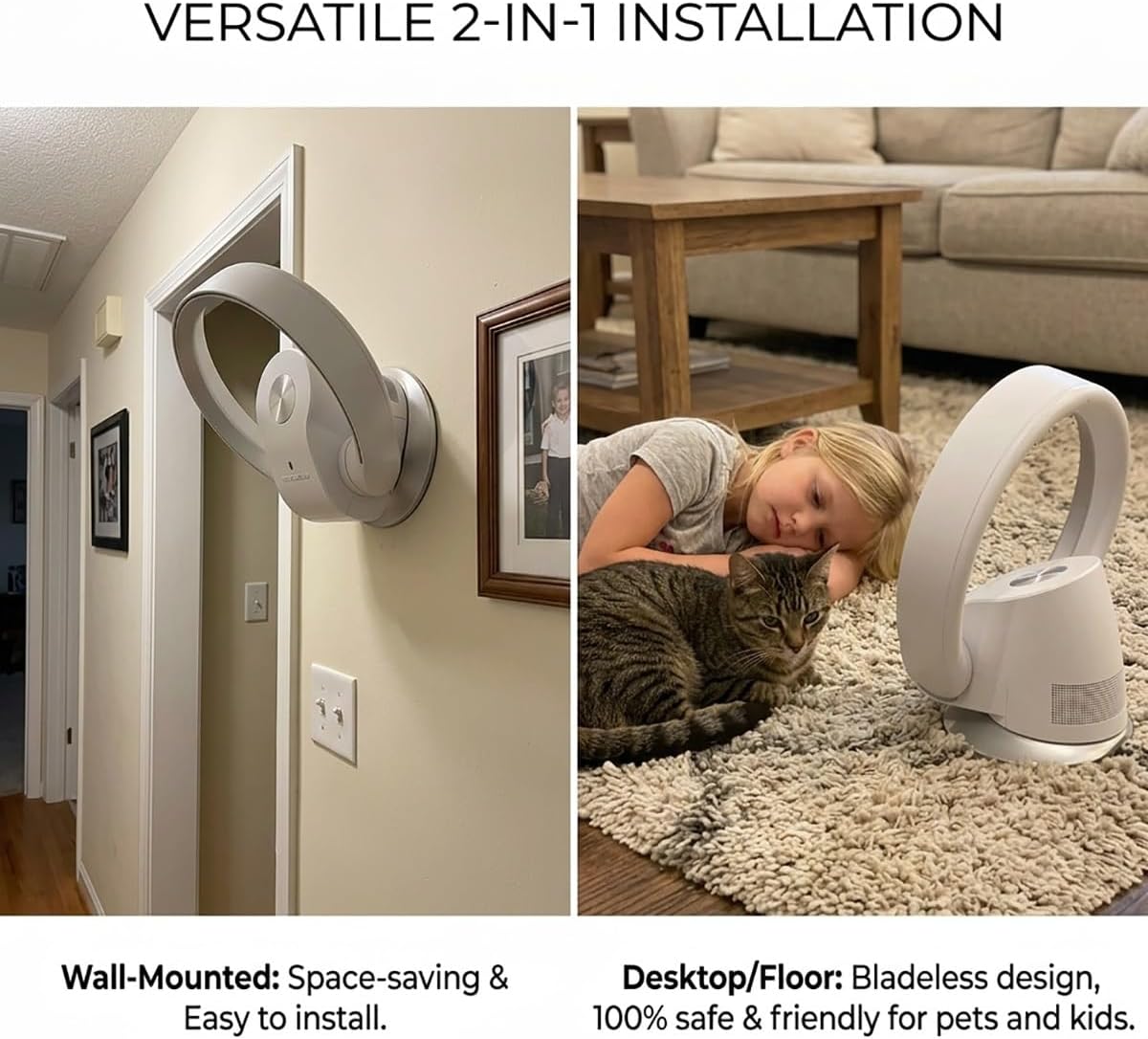 Bladeless Fan for Bedroom, 12” Wall-Mounted & Desktop Dual-Purpose Desk Tower Fan with Remote, 9 Speeds 80° Oscillating Quiet Bladeless Table Fan for Home Office, Baby & Pet Safe(Pink)