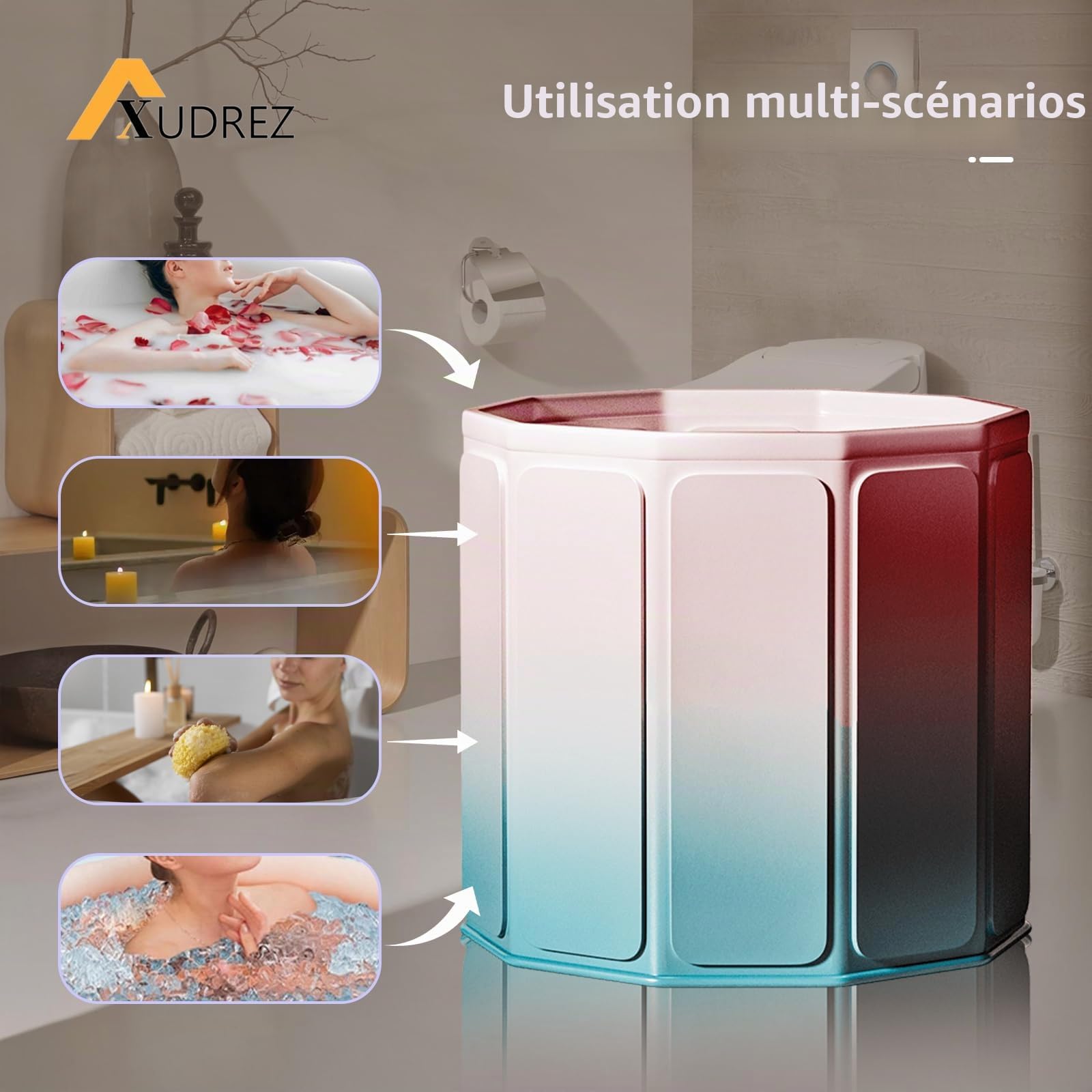 XUDREZ Baignoire Pliable, Baignoires Portable Pliage pratique, Pliante SPA Baignoire pour Petite Salle de Bain, Trempage Autoportante Enfant Adulte, Rose dégradé