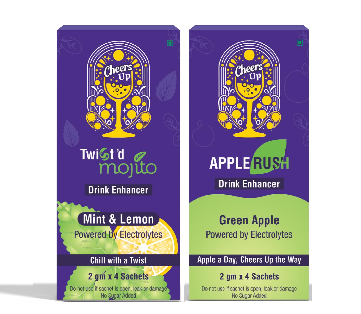 Cheers Up Twisted Mojito + Apple Rush Cocktail Mix | Mocktail Mix | 2gm x 4pcs Sachets | Sugar Free | Single-serve sachets (Combo 2 Box)-image-2