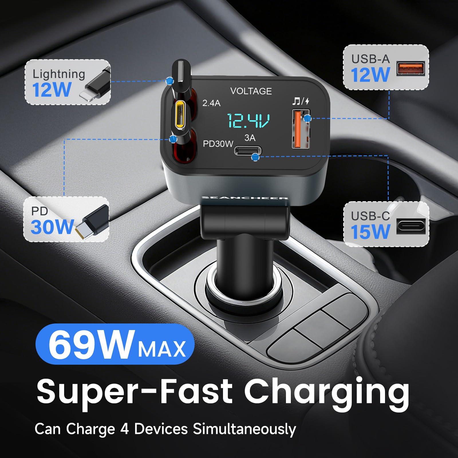 SEANCHEER Adapter Bluetooth do samochodu i zapalniczki samochodowej USB C, 69 W, ładowarka samochodowa z 2 zwijanymi kablami, transmiter FM