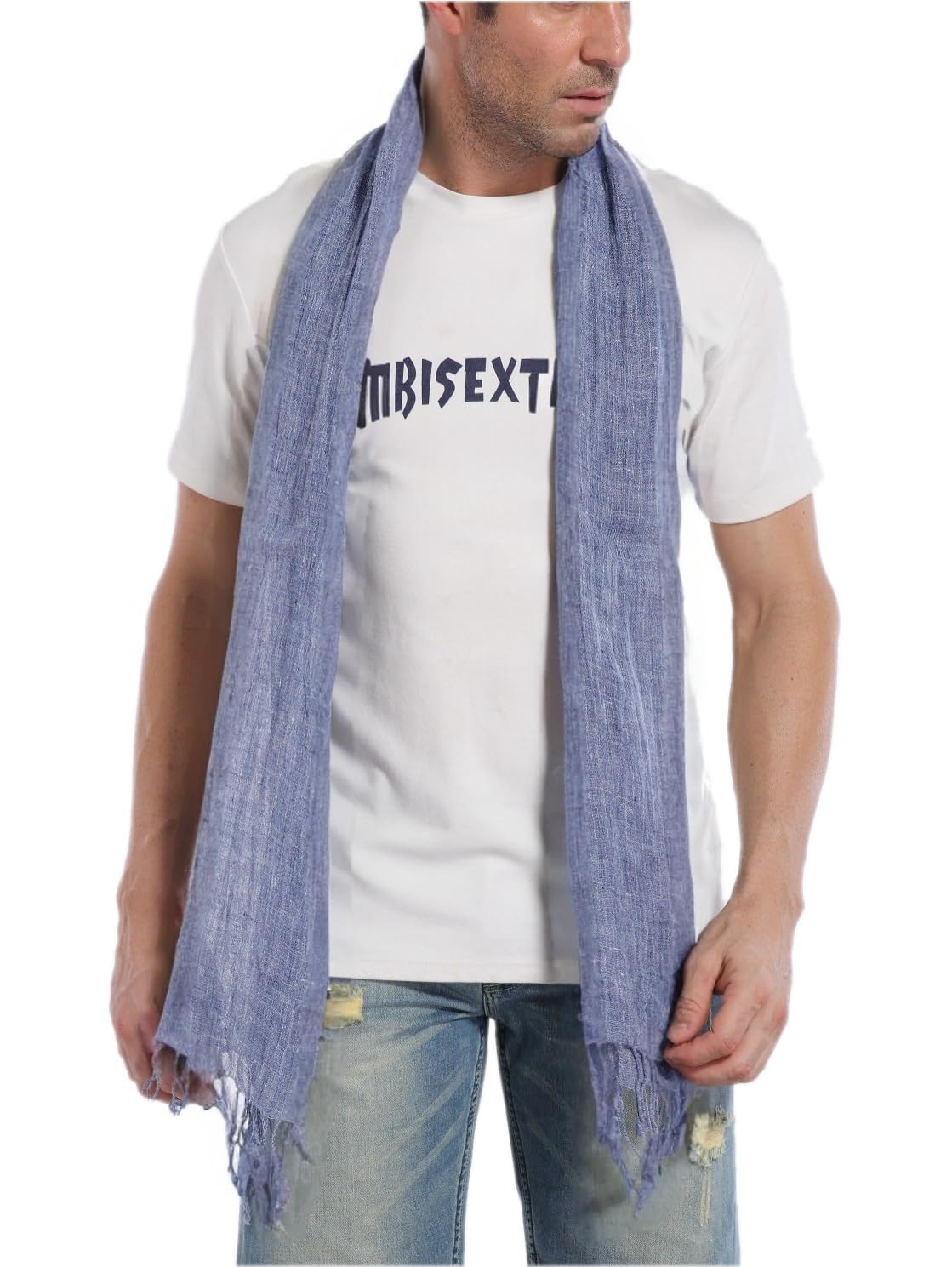 Prettystern Men's T25 Jeans Blue Long Plain Uni-Colour Summer Casual Leisure Fringed Linen Scarf Shawl - Jean Blue T25