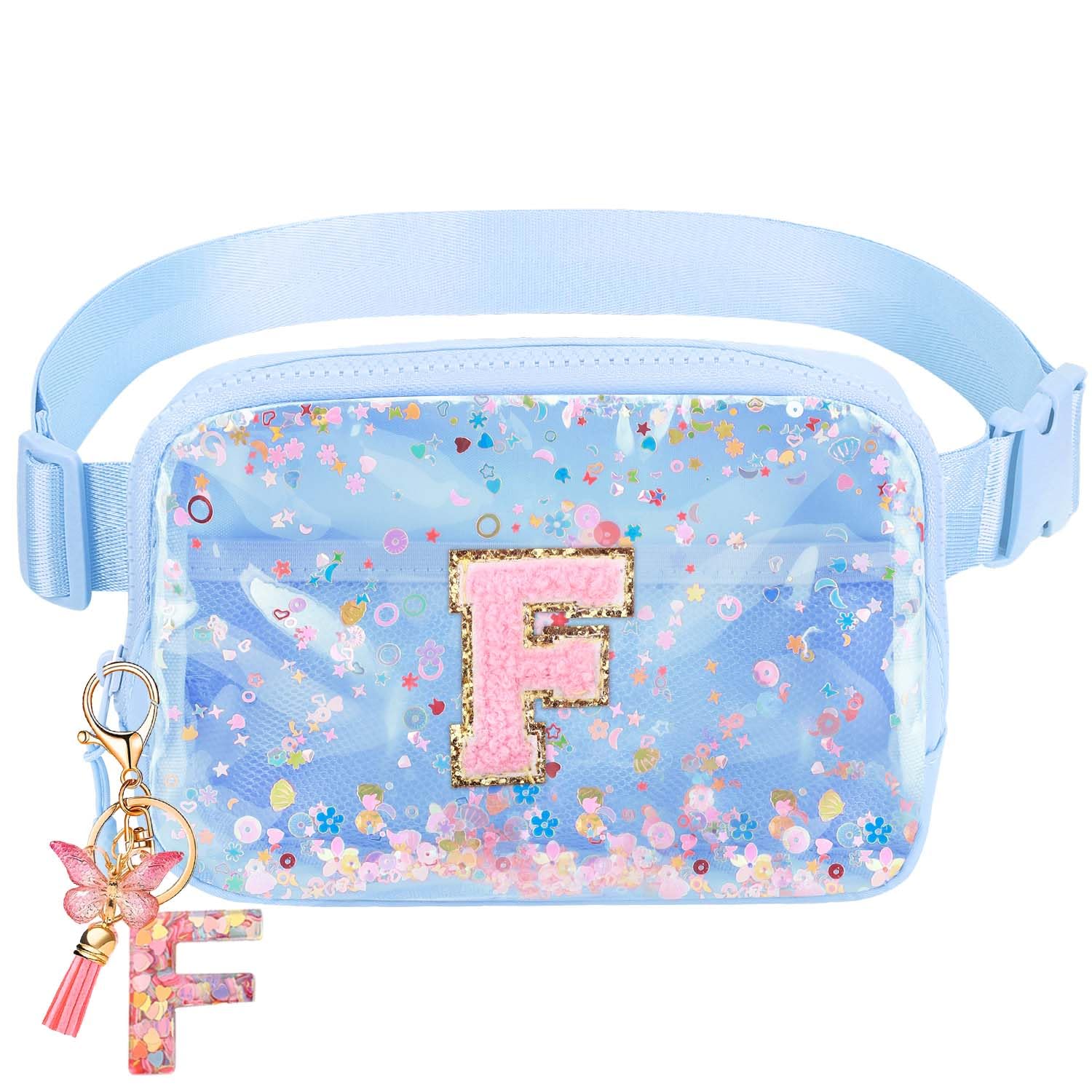Initial Fanny Pack for Girls - Belt Bag for Teens Kid Teen Girl Kid Birthday Gift Blue Clear V