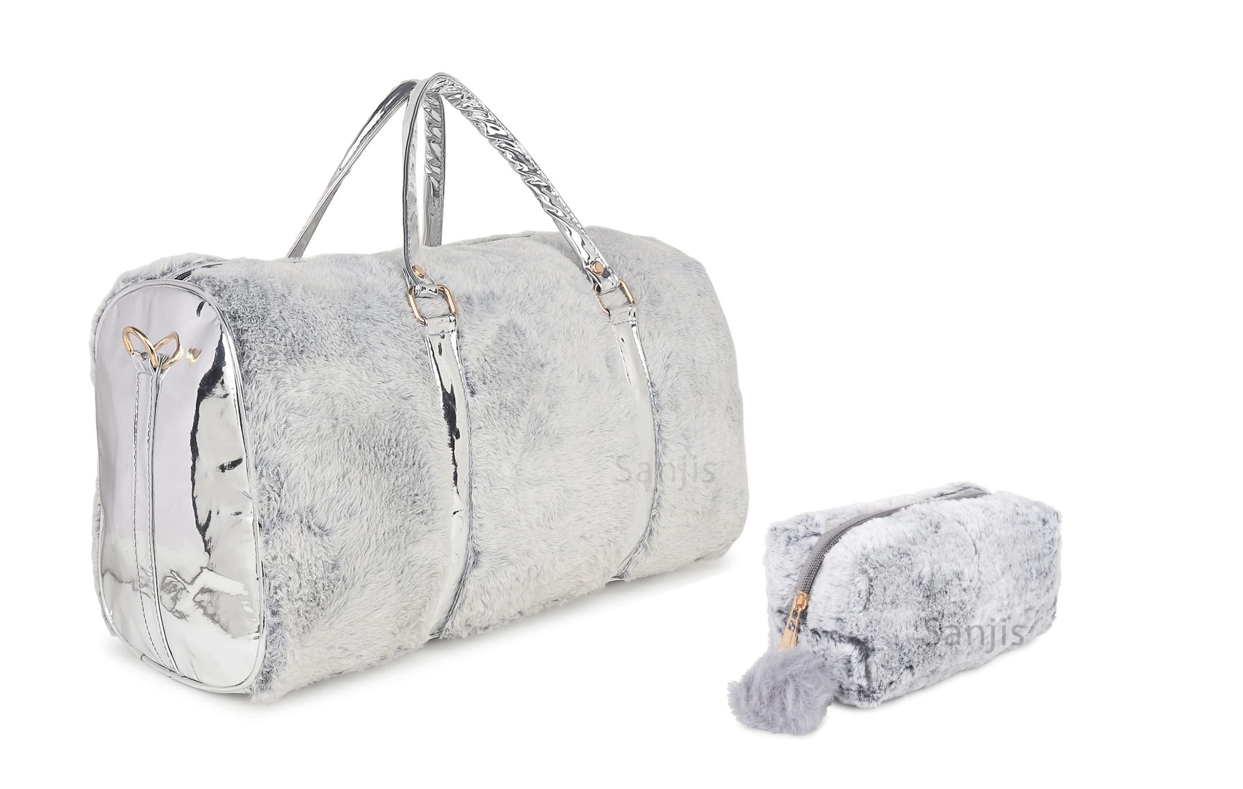 Polyester Combo of Fur Cute Trendy Duffle Bag Handbag Furry Fur Overnight Weekender Travel Bag Purse Fancy Gym Tote Bag and Makeup Pouch for Women (Grey)-image-37