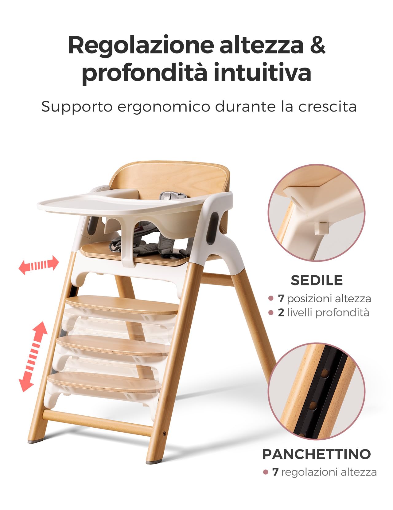 Momcozy DinerPal - Seggiolone in legno per neonati, bambini e adulti, fino a 140 kg | Seggiolone trasformabile con vassoio per alimenti, lavabile in lavastoviglie, regolabile ed ergonomico, in legno naturale
