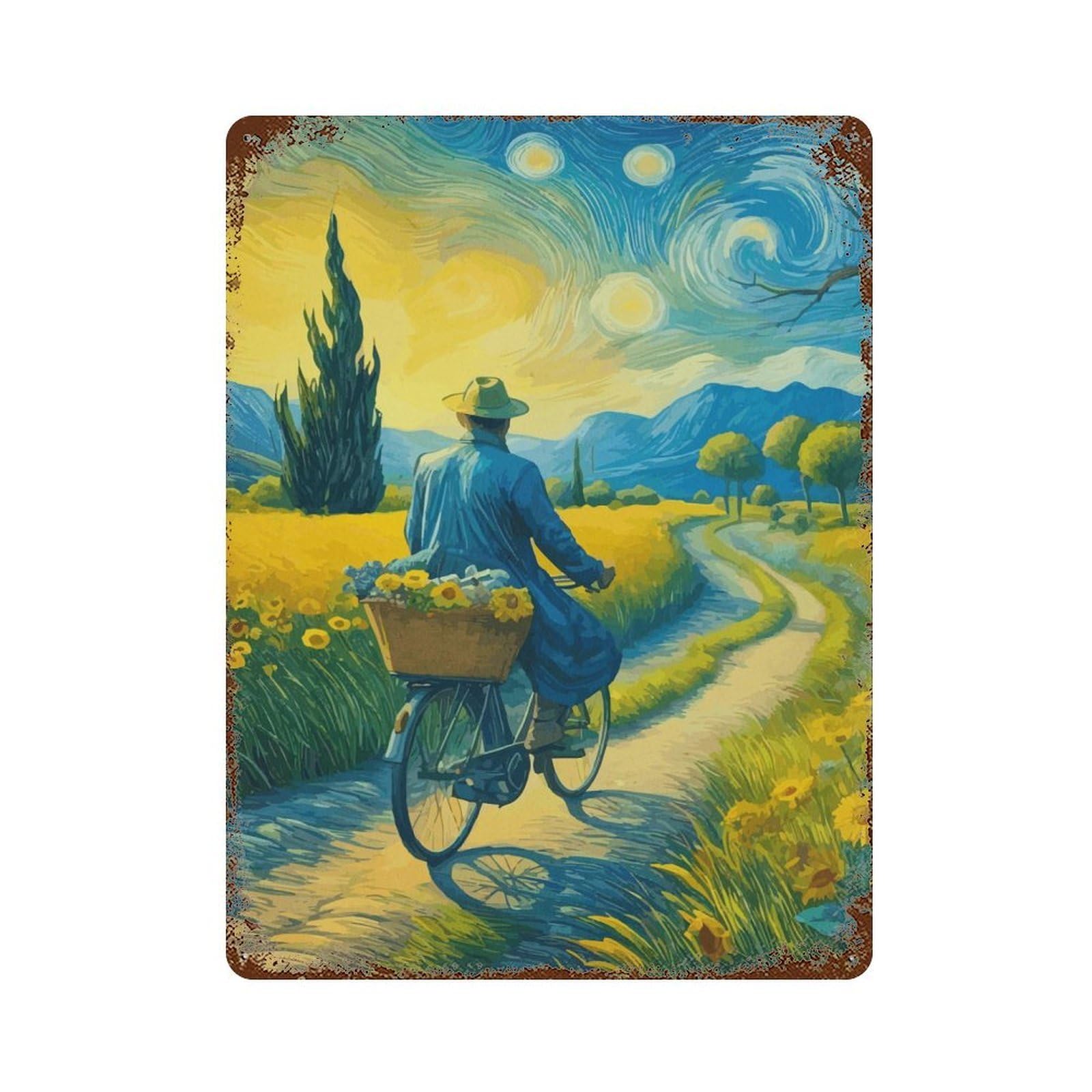 Starry Night Cyclist 15.7"x11.8" Rustic Tin Plaque, Novelty Wall Decor for Living Room, Hallway And Home Decor