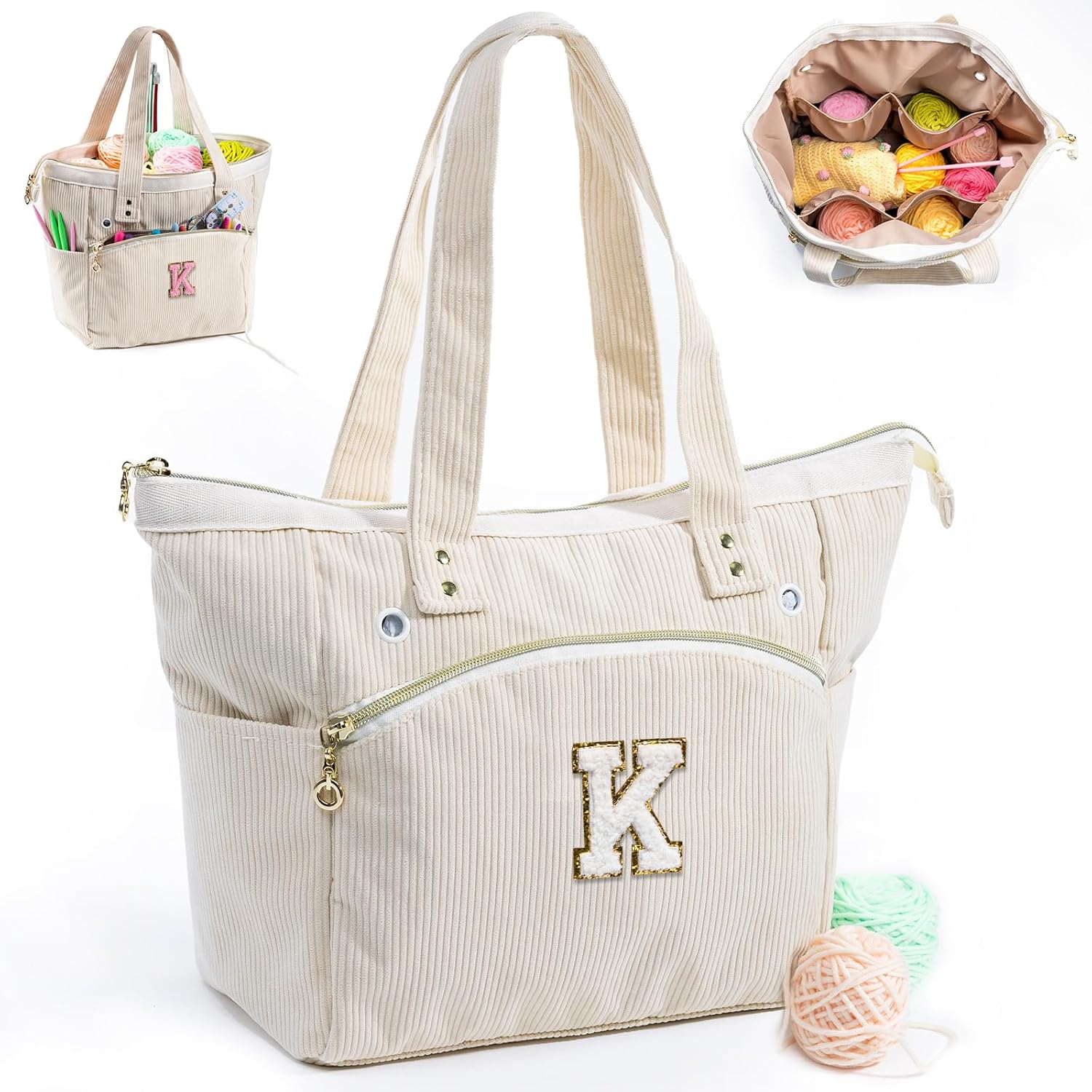 Initial Personalized Corduroy Yarn Bag Tote - Storage & Holder for Crocheting & Knitting - Organizer for Hooks & Accessories - Gift for Crochet Lovers