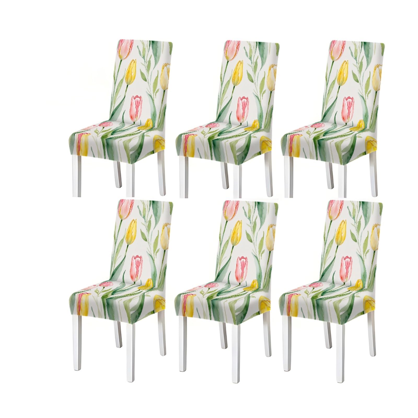 Bosuybn One Color Watercolor Pink Yellow Tulip Floral Print Dining Chair Covers, Stretch Slipcovers For Kitchen Dining Room Spring, 2/4/6Pcs Furniture Protectors For Home Dining Room(6Pcschair Cover)