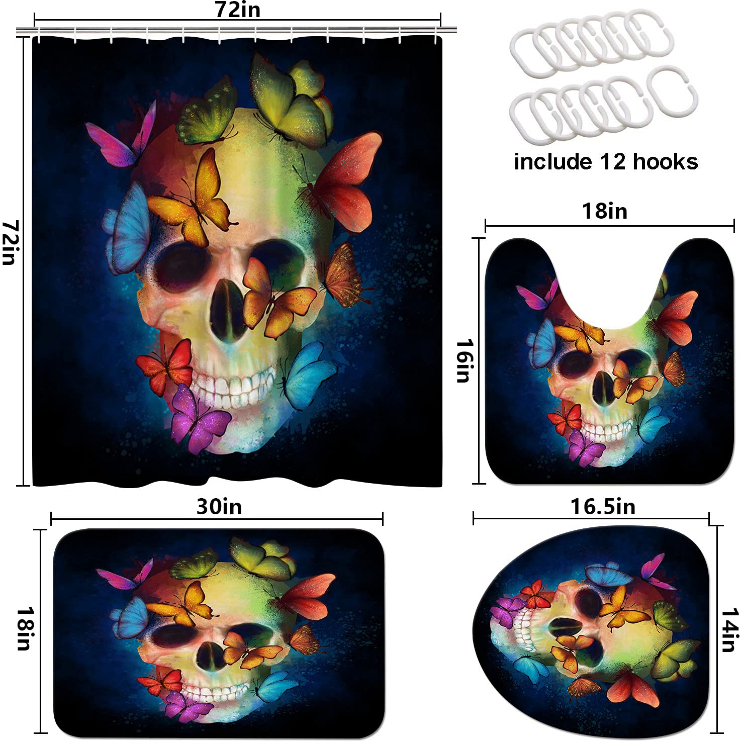 Dead Head Hawk Duschvorhanghaken – 12-teilig, Silber, Mit Totenkopf-Motten-Motiv