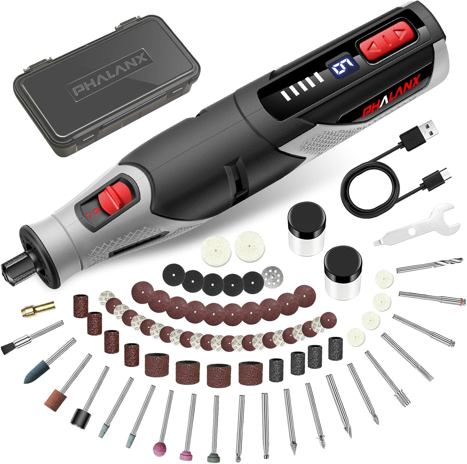 PHALANX 4V Cordless Rotary Tool Kit with 80 Accessories, 28000 RPM, 9-Speed, 4000mAh Battery, Rotary Tool with Digital Display for Cutting, Sanding, Polishing, Drilling, Engraving, DIY Crafts (Black)
