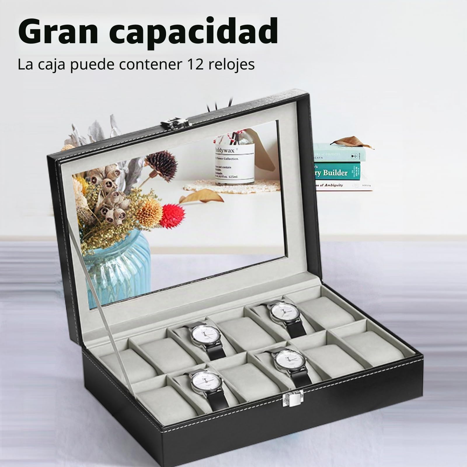 Caja para Relojes con 12 Compartimentos, Cristal y Cojín Extraíble