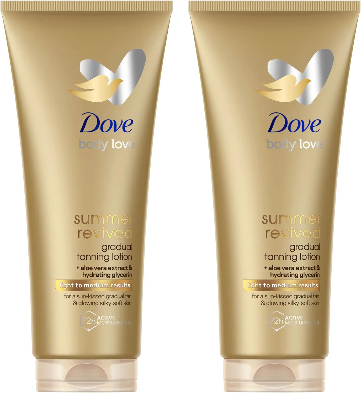 Dove Loción Corporal Autobronceadora Summer Revived, Pieles Medias y Oscuras, Bronceado Gradual, Acabado Natural, Piel Luminosa, 72H de Hidratación, Con Extracto de Aloe Vera y Glicerina, 2x 200ml