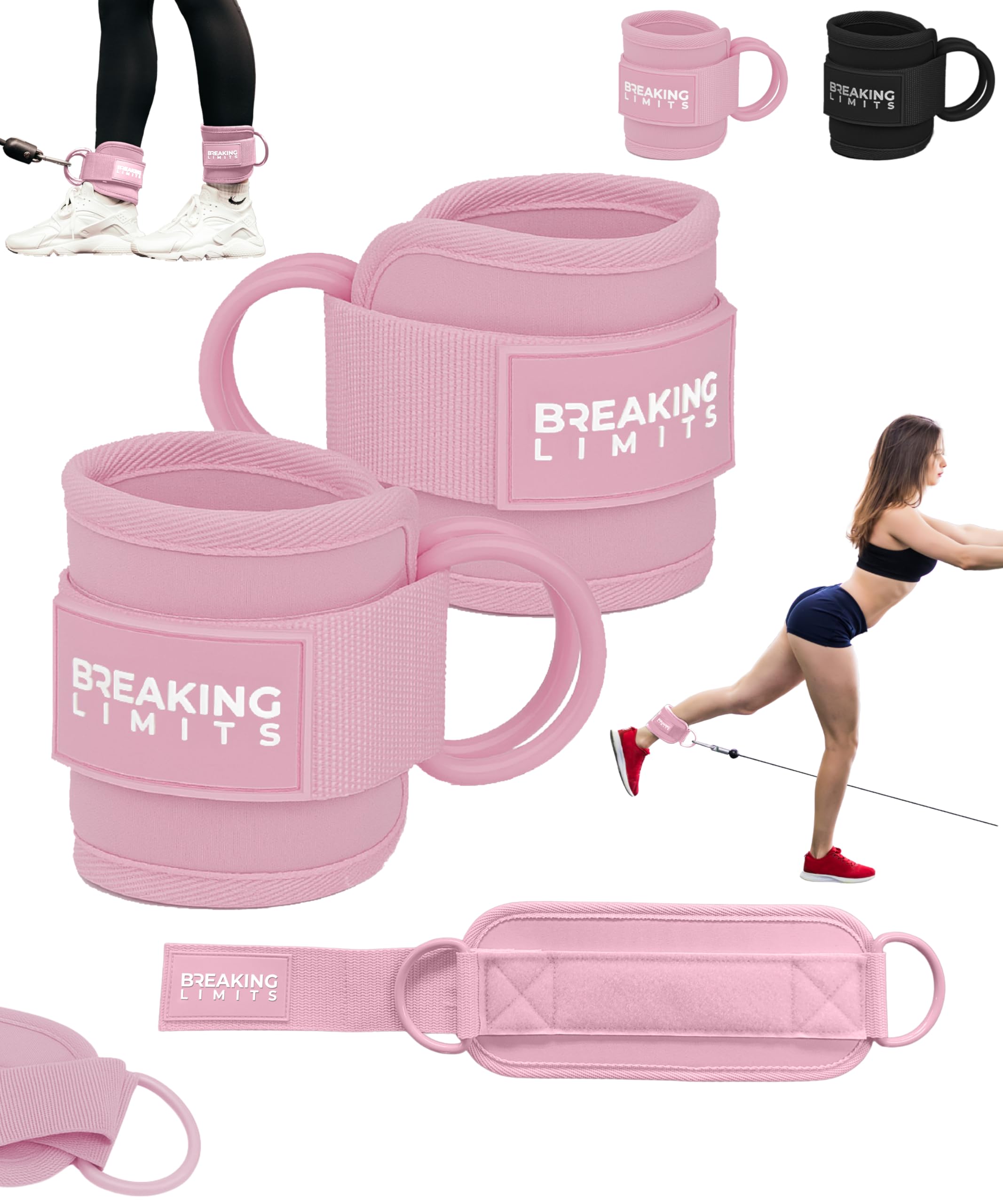 BREAKING LIMITS Ankle Cuffs for Cable Machines - Gym Ankle Straps - Leg Straps - Pink