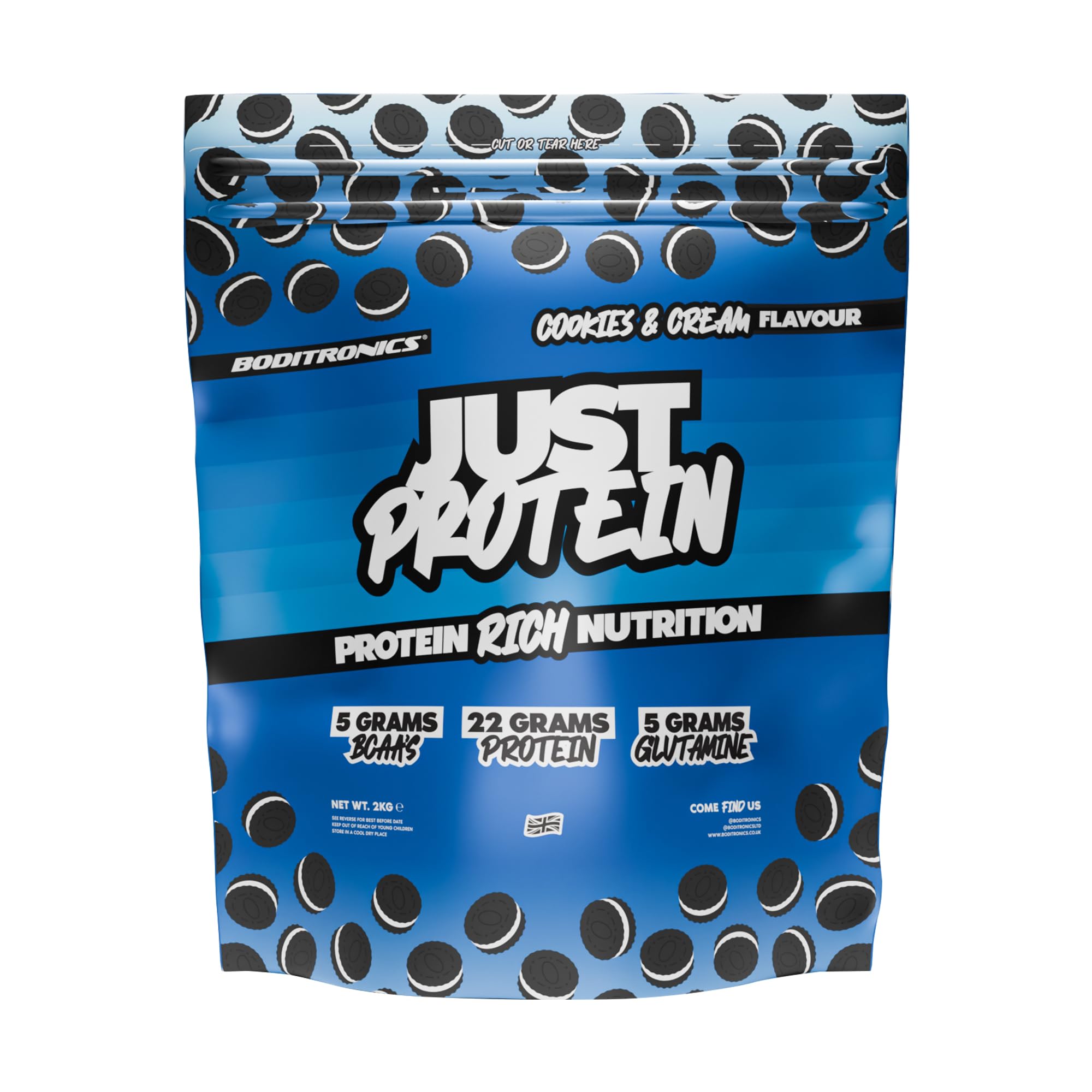 2kg Just Protein - High Protein Powder with 22g Protein at Per 33g Servings with 5g Glutamine and Essential Amino Acid Supplement for Lean Muscle Protein Shake(Cookies and Cream)