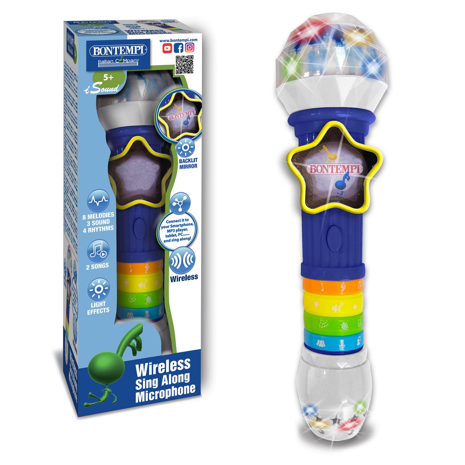 Bontempi GlowWave Mikrofon bezprzewodowy mikrofon z efektami świetlnymi i dźwiękowymi do magicznej wydajności, 265 x 70 x 70 mm, wielokolorowy, 41 3020