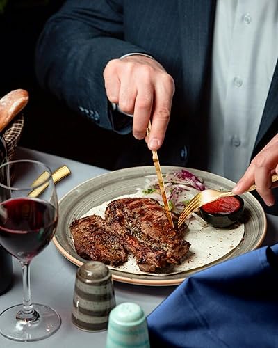 Miniatura 2 de EUIRIO Juego de cubiertos dorados martillados con cuchillos para carne, juego de cubiertos de acero inoxidable de 48 piezas para 8, juego de